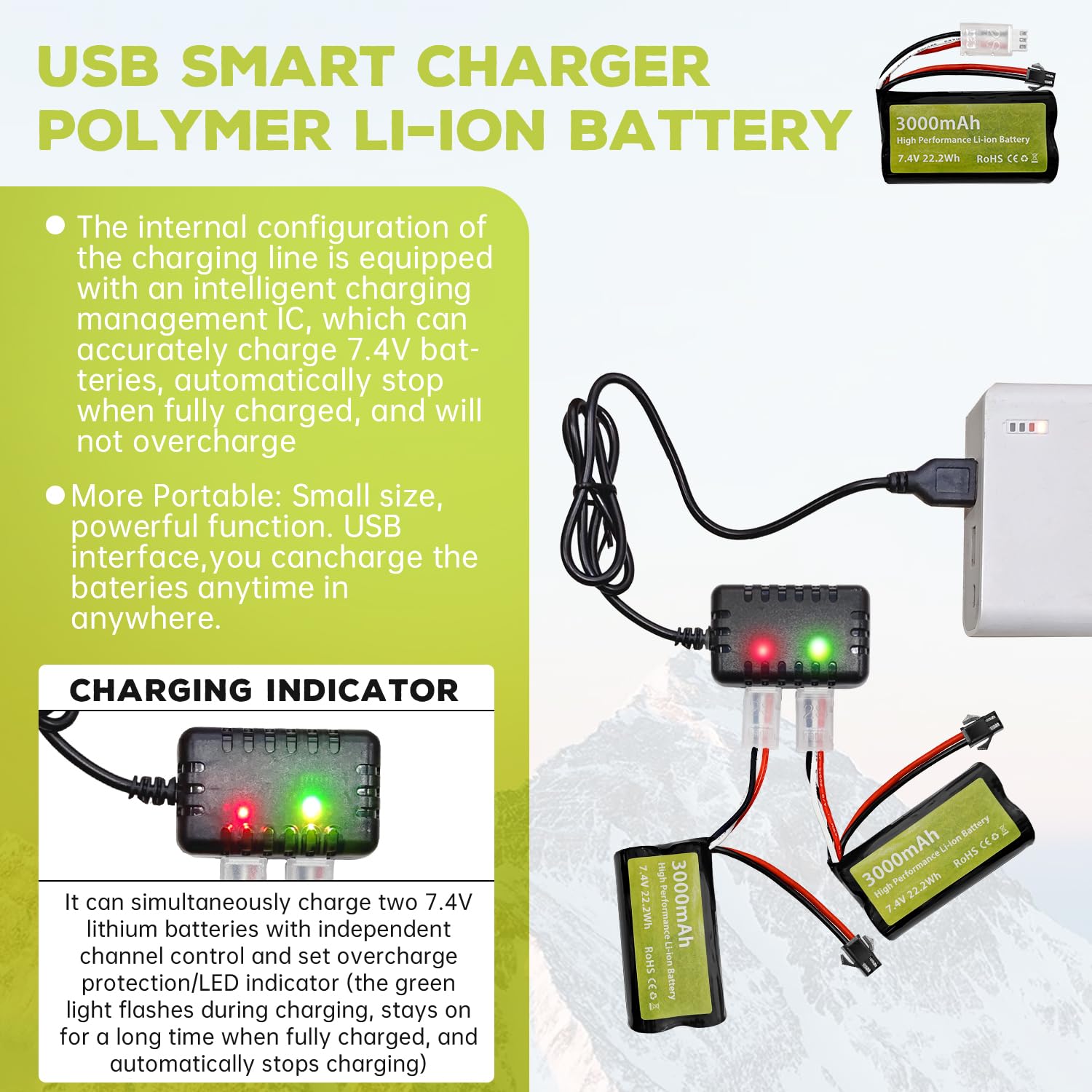 2PCS 7.4V 3000mah 15C 2S batteria agli ioni di litio con spina SM-2P con 2-in-1 caricabatterie per H105 H103 H101 RC Barca MN D99 D99s D90 D91 RC Auto Camion RC Barca Batteria