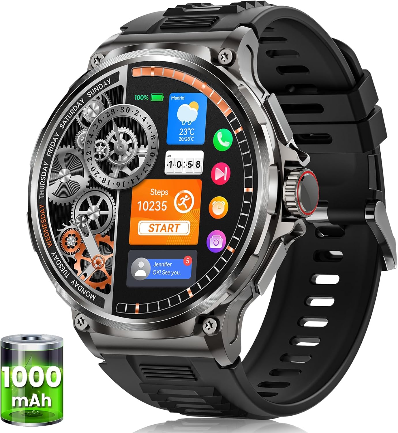 Smartwatch Herren Militär mit 1000 mAh Akku, 1.92" AMOLED Touchscreen Fitnessuhr mit Telefonfunktion, 5ATM Wasserdicht, 120+ Sportmodi Sportuhr, Herzfrequenz SpO2 Schlafmonitor, iOS Android, Schwarz