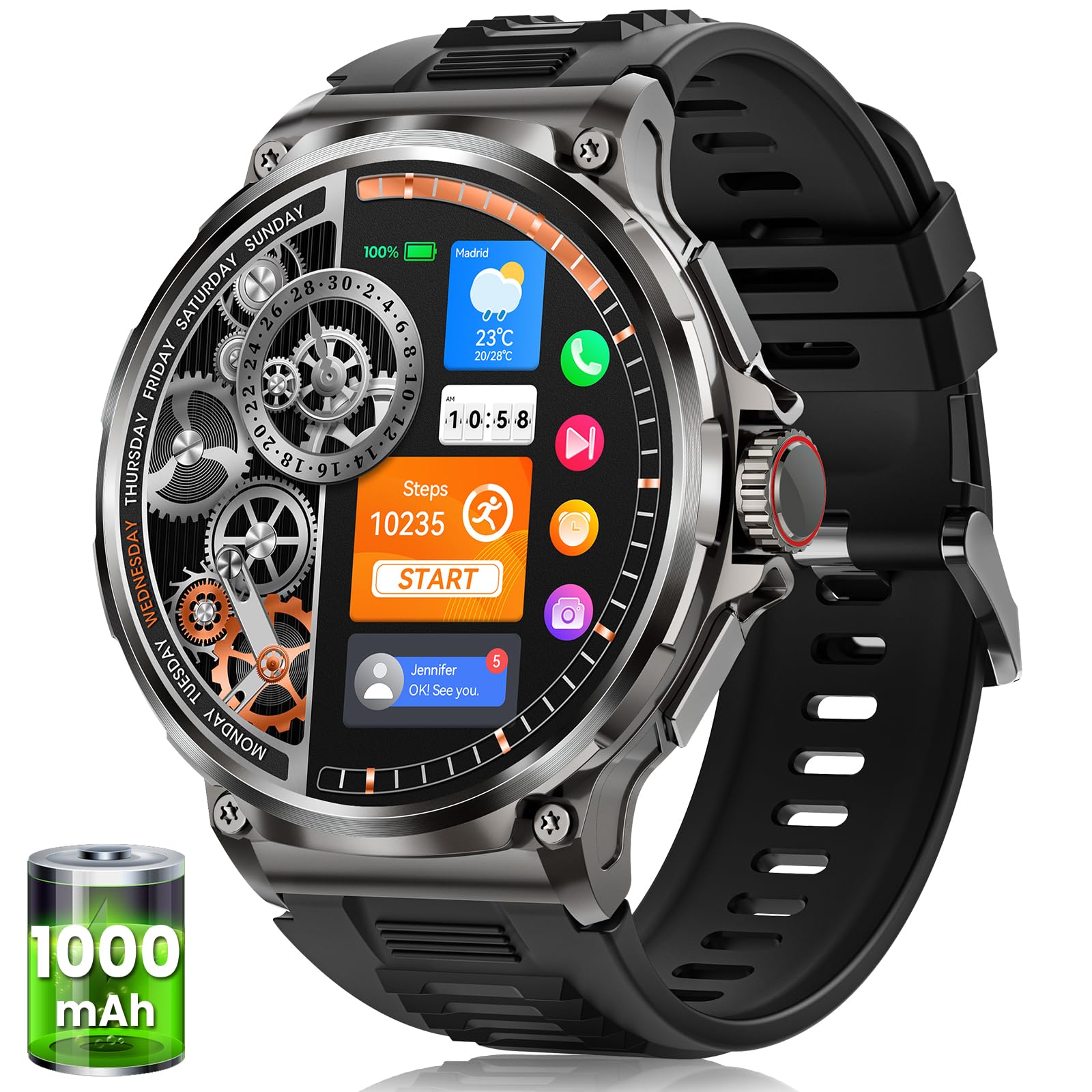 Smartwatch Herren Militär mit 1000 mAh Akku, 1.92" AMOLED Touchscreen Fitnessuhr mit Telefonfunktion, 5ATM Wasserdicht, 120+ Sportmodi Sportuhr, Herzfrequenz SpO2 Schlafmonitor, iOS Android, Schwarz