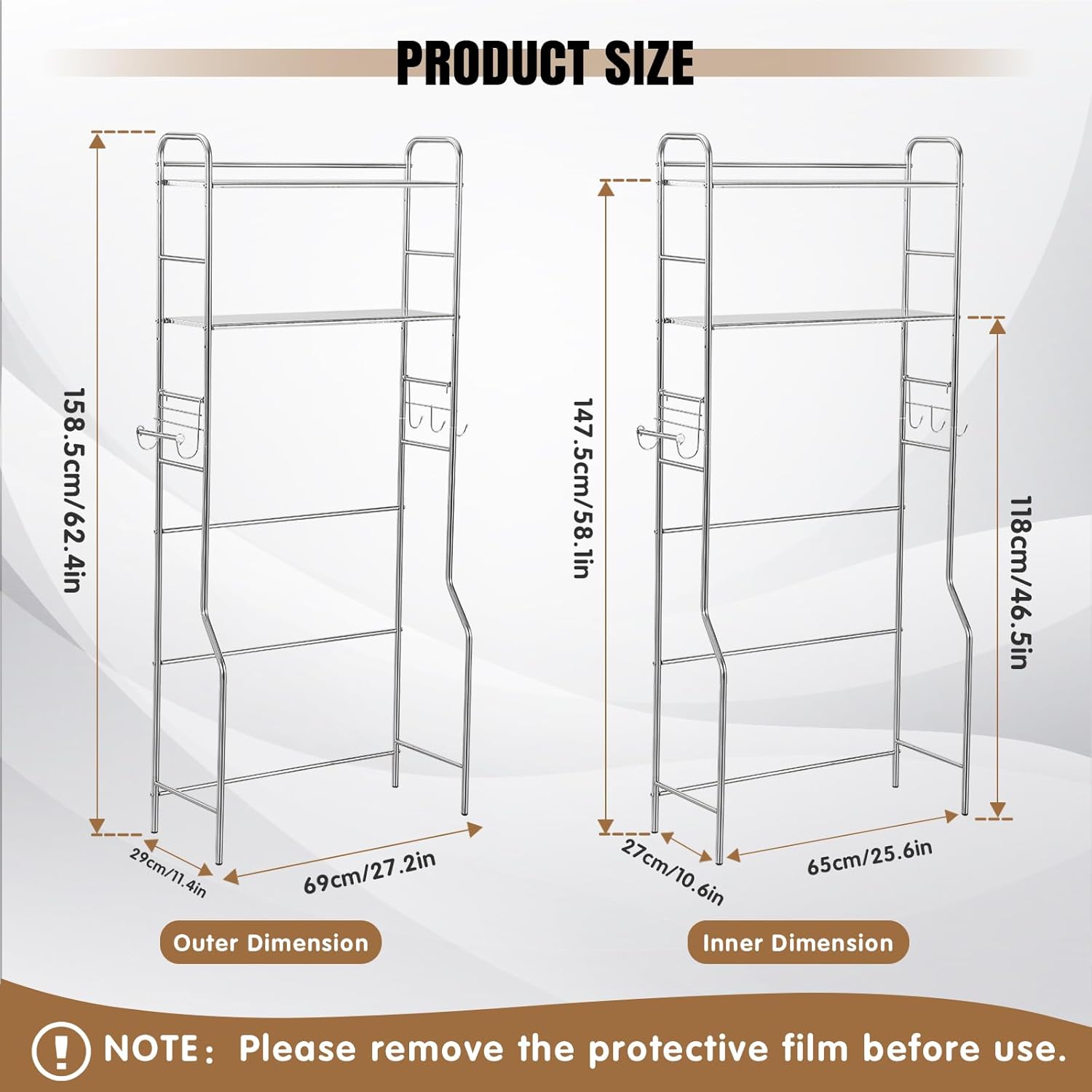 Over Toilet Bathroom Organizer - Over Washer and Dryer Storage Rack- Shelves Over Toilet with Hooks and Paper Holder - Stainless Steel Washing Machine Shelf Top Load for Laundry Room Space Saving