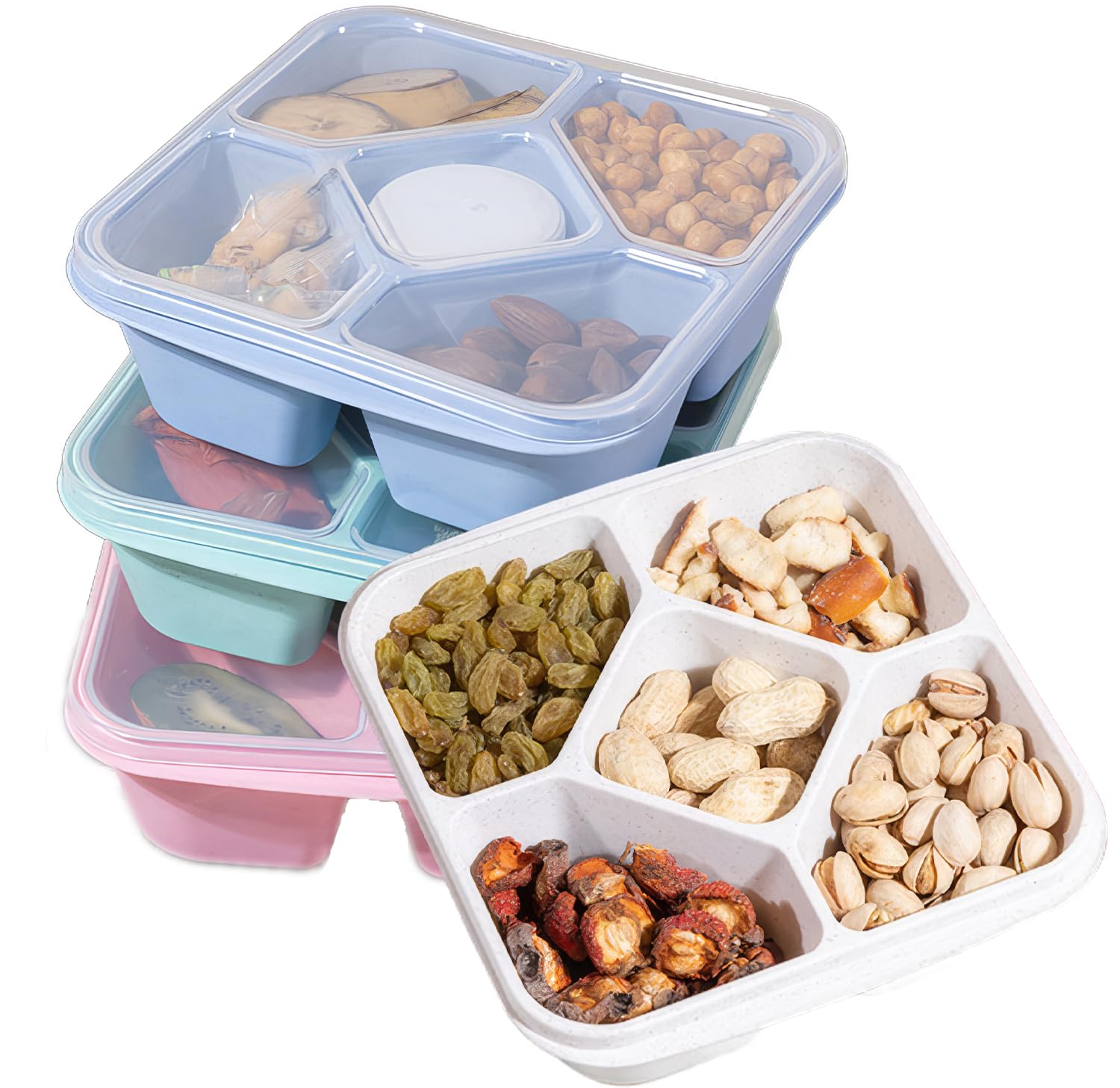 ZHUYIWIN Snack Boxes (4 Pack), Reusable Bento Lunch Boxes with 5 Compartments for Kids Adults,Divided Food Storage Containers for School Work Travel With 4 Bonus Sauce Containers, Multicolour