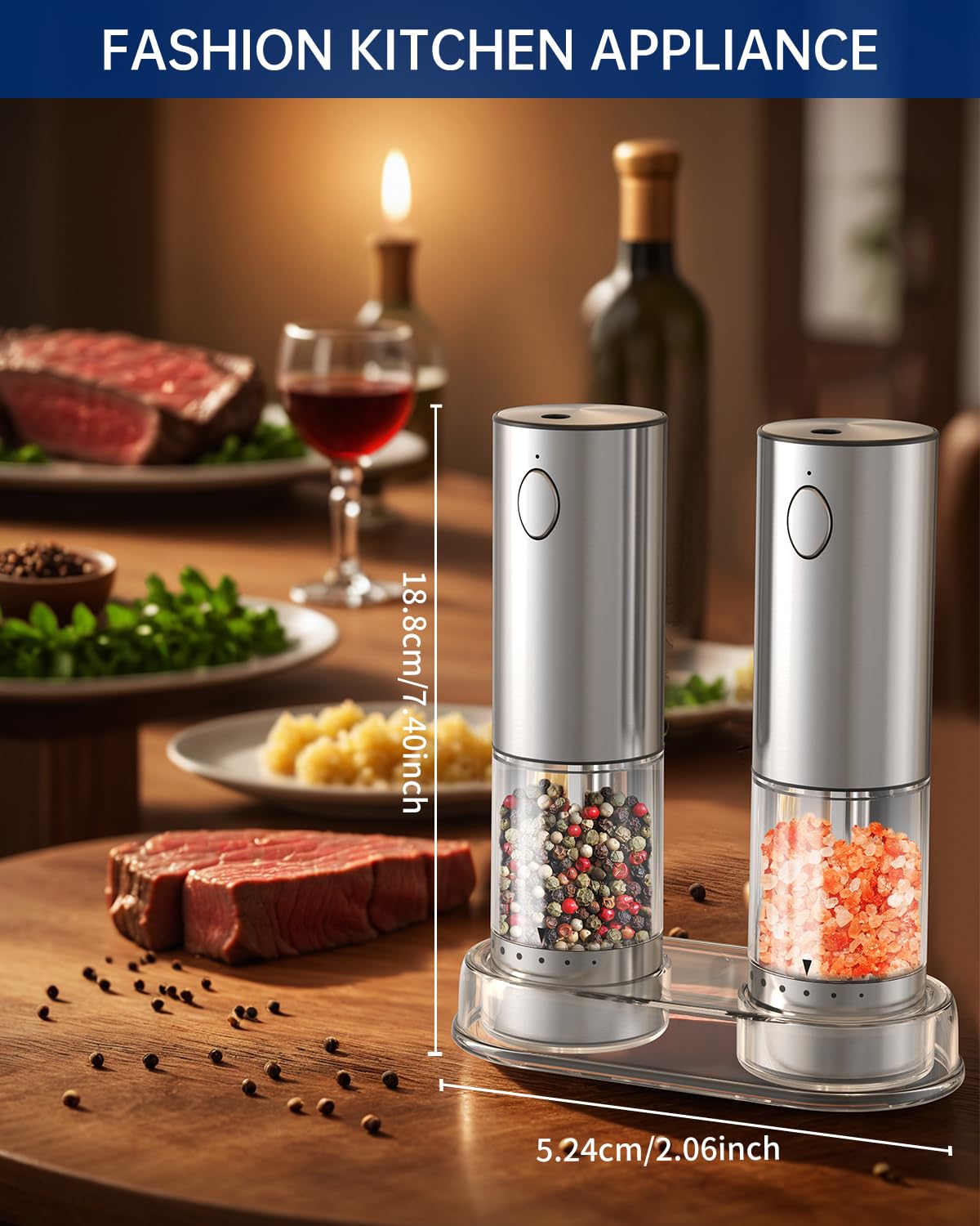 CIRCLE JOY Wiederaufladbares Elektrisches Salz und Pfeffermühlen Set aus Edelstahl mit Sockel mit 95ml Transparenter Behälter, Weißem LED-Licht und Extern Einstellbare Rauheit, Silber