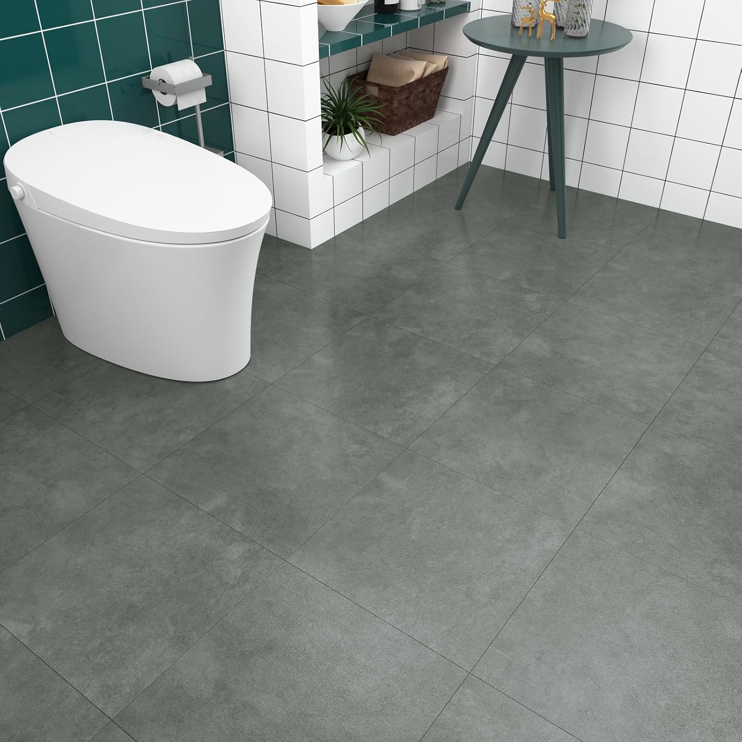 WESTICK Grey Marble Peel and Stick Floor Tile 12" x 12" Bathroom Floor Tiles Peel and Stick Waterproof Self Adhesive Vinyl Flooring Tile for Kitchen Living Room Bedroom Camper 5 PCS