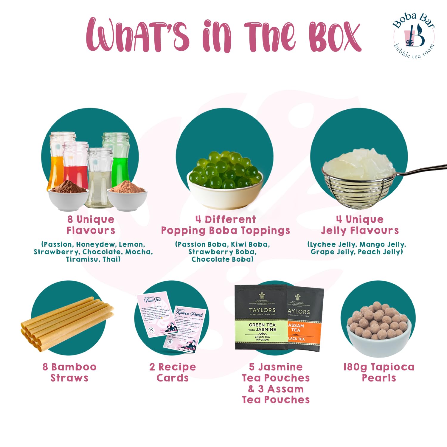 Creamy Twist - Kit Bubble Tea misto | 8 gusti di tè misti, 8 - Popping Boba e guarnizioni in gelatina, tè con bolle di perle di tapioca (per 8 persone) | Bustine di tè verde e Assam di