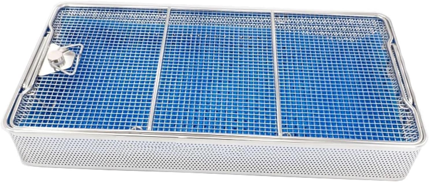 Medical Surgical Instrument Sterilization Box,Punched Holes All Around, Equipped With Silicone Pad,Dental Trays,304 Stainless Steel High Temperature And High P(Size:48cm*25cm*7cm(18.9in*9.8in*2.8in))