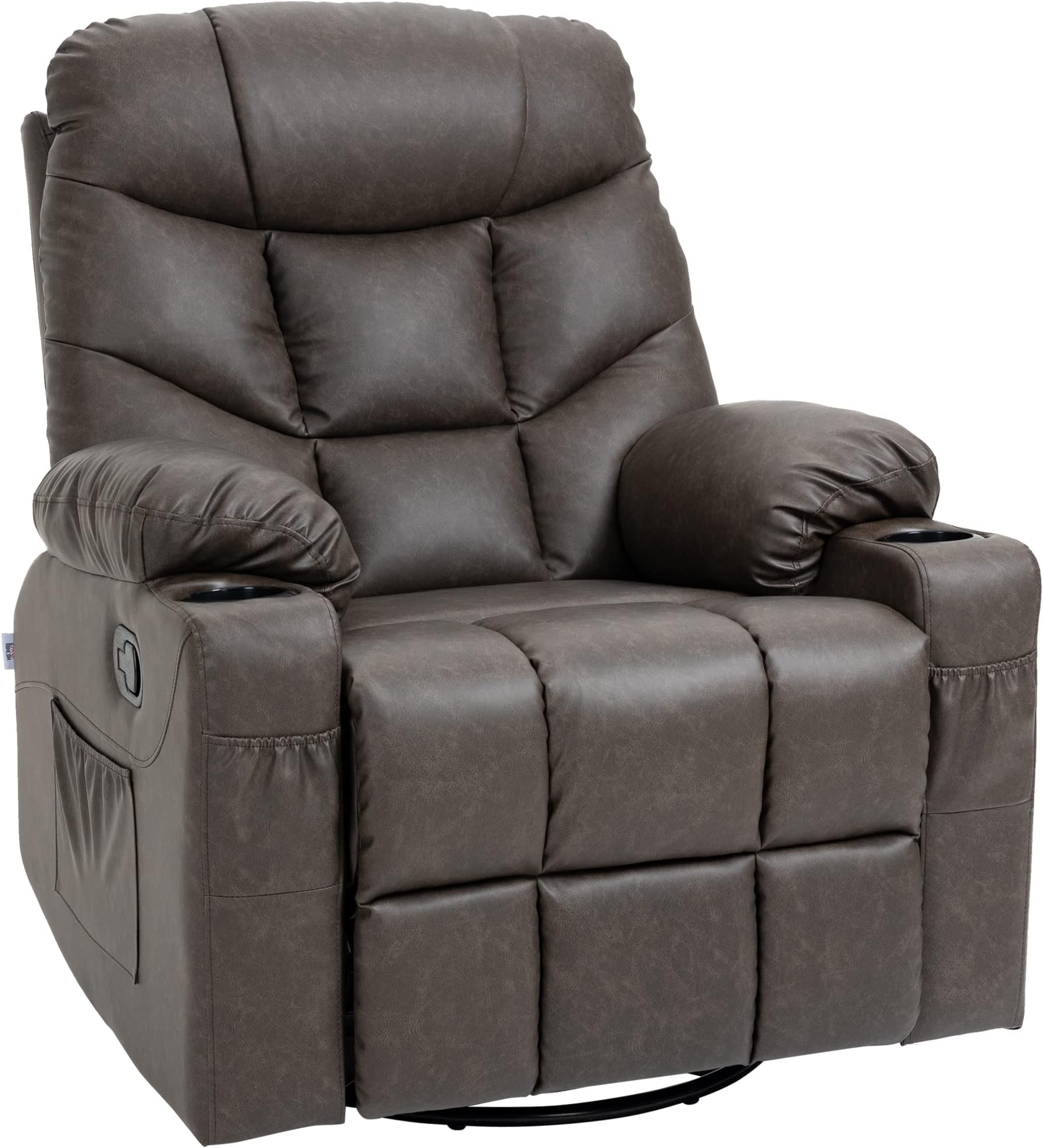HOMCOM Recliner Armchair, Swivel PU Leather Manual Reclining Chair with Adjustable Leg Rest, Drink Holders, Side Pockets, Rocker Chair for Home Living Room, Dark Brown