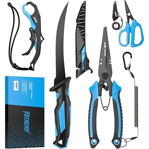 Fishing Tool Kit, Fishing Gear - Fishing Plier with Sheath, Fillet Knife, Fishing Scissors, Fish Lip Gripper, Tool Retractor, Keychain Bottle Opener, Fishing Gifts for Men