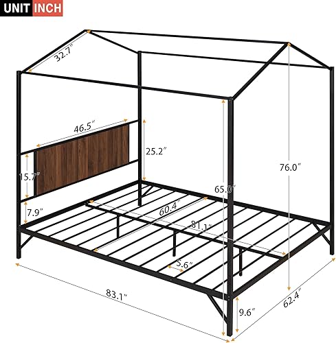 Miniatura 3 de Hlcodca Cama de casa de metal simple con base de listones cama de plataforma de tamaño Queen con techo y cabecero para uso en dormitorio de niños