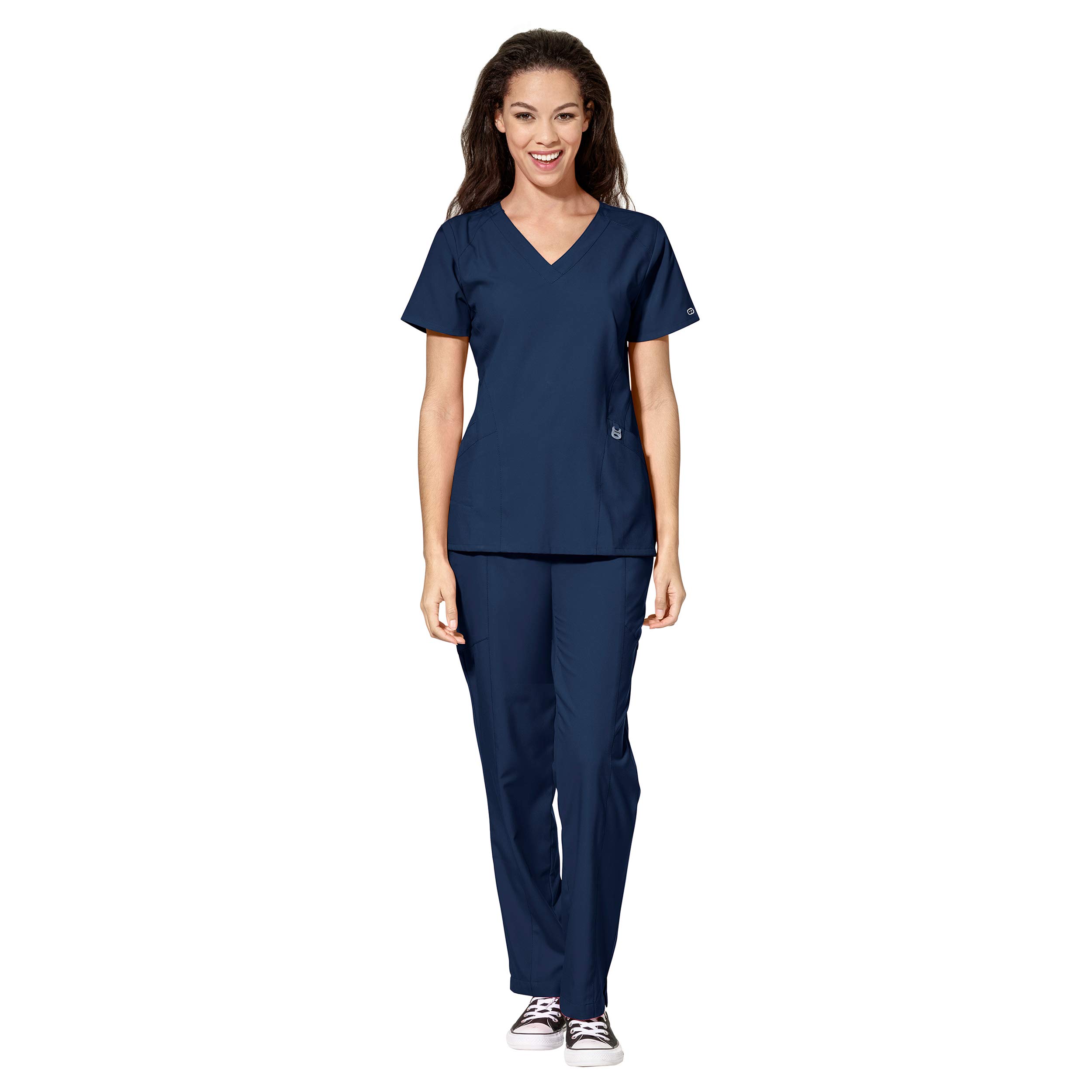 W123 Women's Stylized V-neck Top & Flat Front Double Cargo Pant Scrub Set + Badge Reel