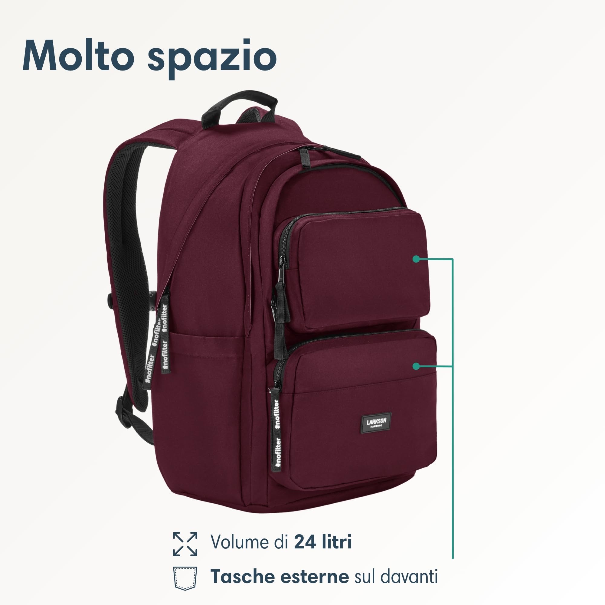 LARKSON Zaino Scuola Rosso - No 3 Advanced - Zaini Ragazza & Ragazzo Per Scuola Media Superiore, Università - Zaino Grande per Porta PC 16 Pollici - 24L - In PET - Idrorepellente