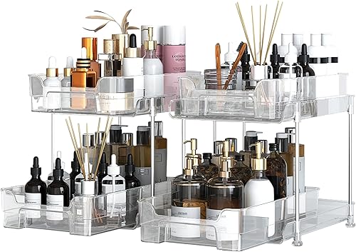 Lovelyduo Organizador transparente de 2 niveles, paquete de 2 unidades, contenedor de almacenamiento deslizante multiuso, cocina, despensa,