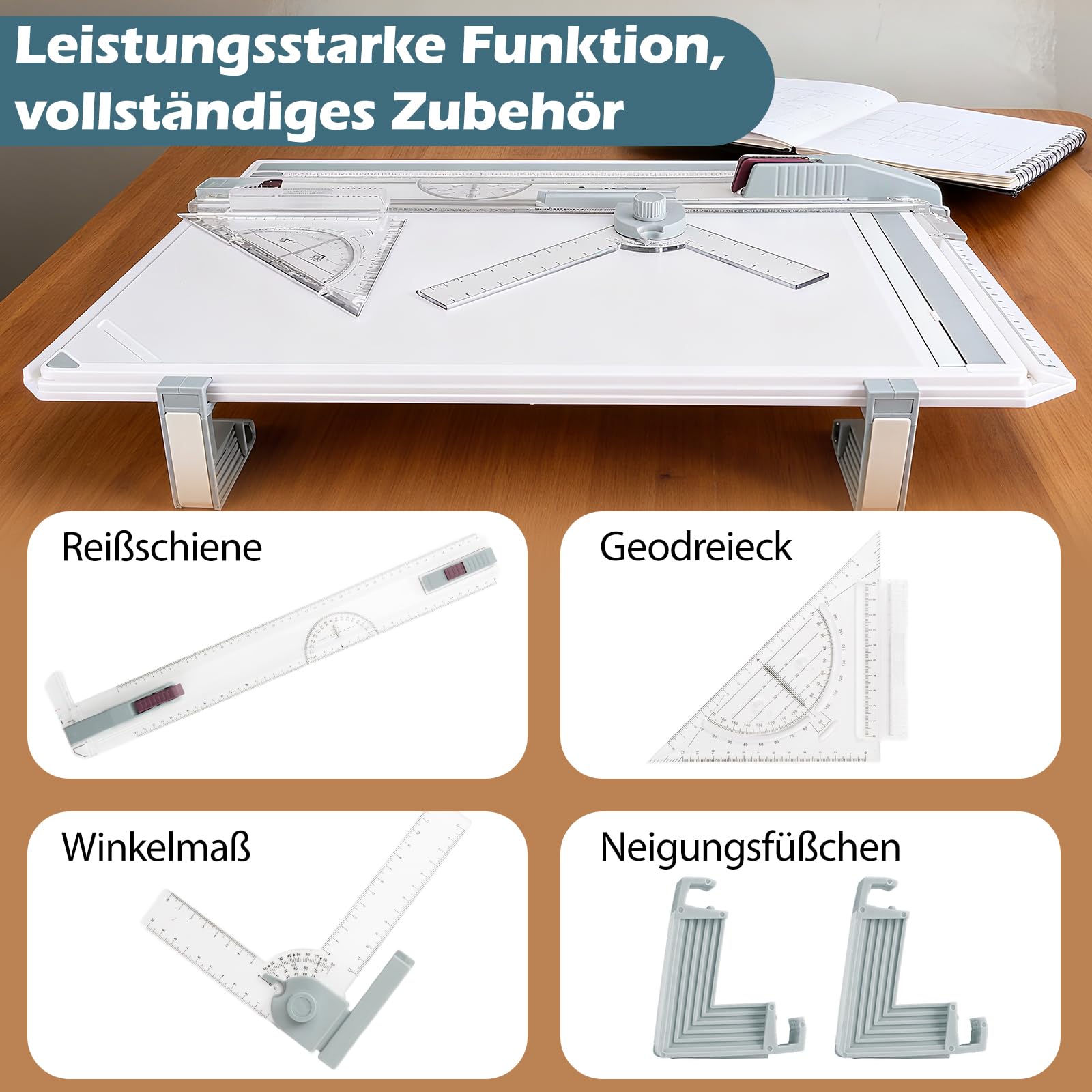 A3 Zeichenbrett, Professionelle Zeichenplatte DIN A3, Zeichentisch mit Schiebelineal Zeichendreieck und Maßstab T-Quadrat, für Ingenieure Designer Studenten zum Exaktes Arbeiten und Studium