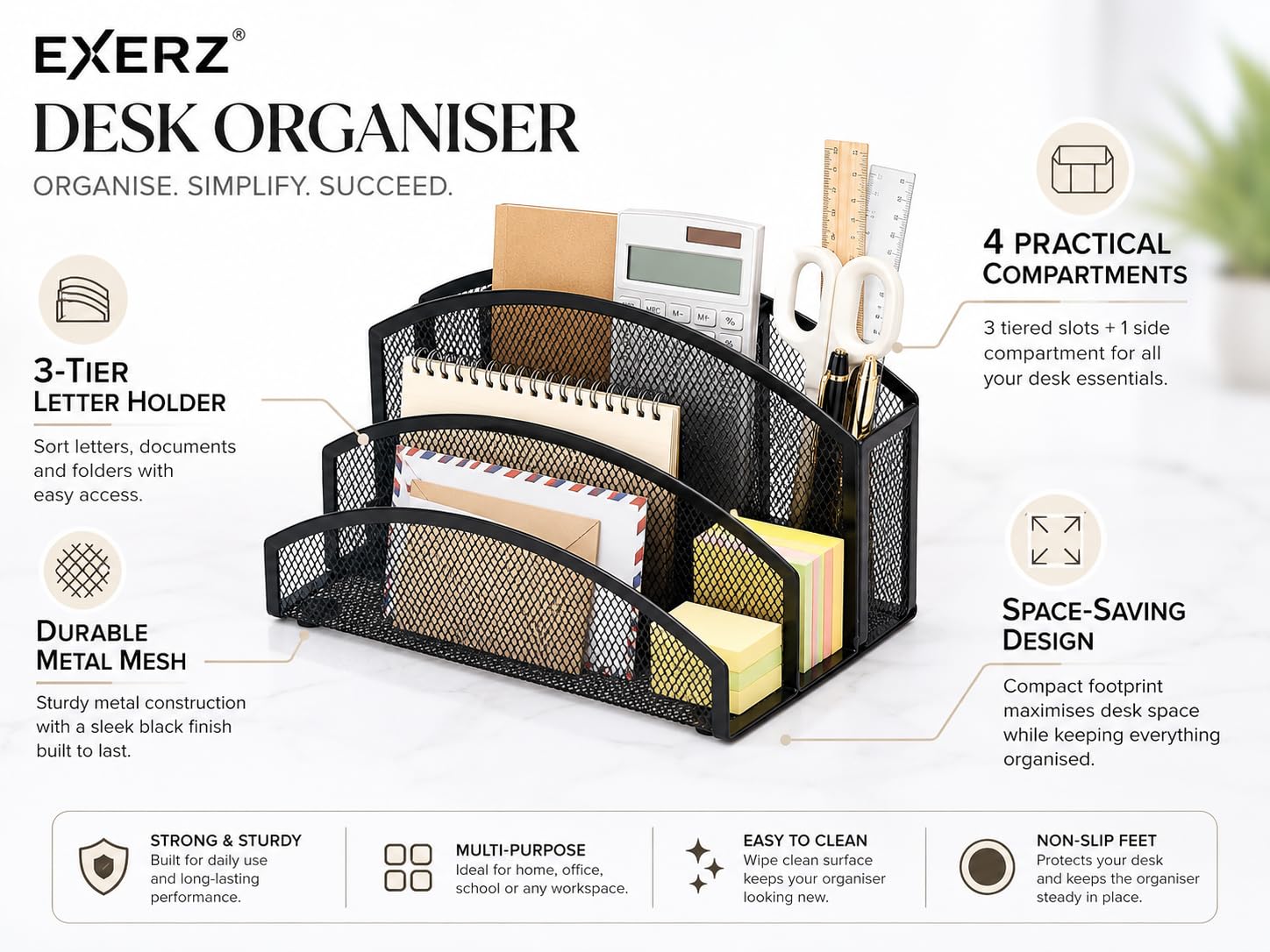 EXERZ Organiseur de bureau en maille - 3 niveaux avec 4 compartiments - Noir, blanc, rose, violet - Trieur de fichiers en fil métallique pour bureau, maison, école (noir)