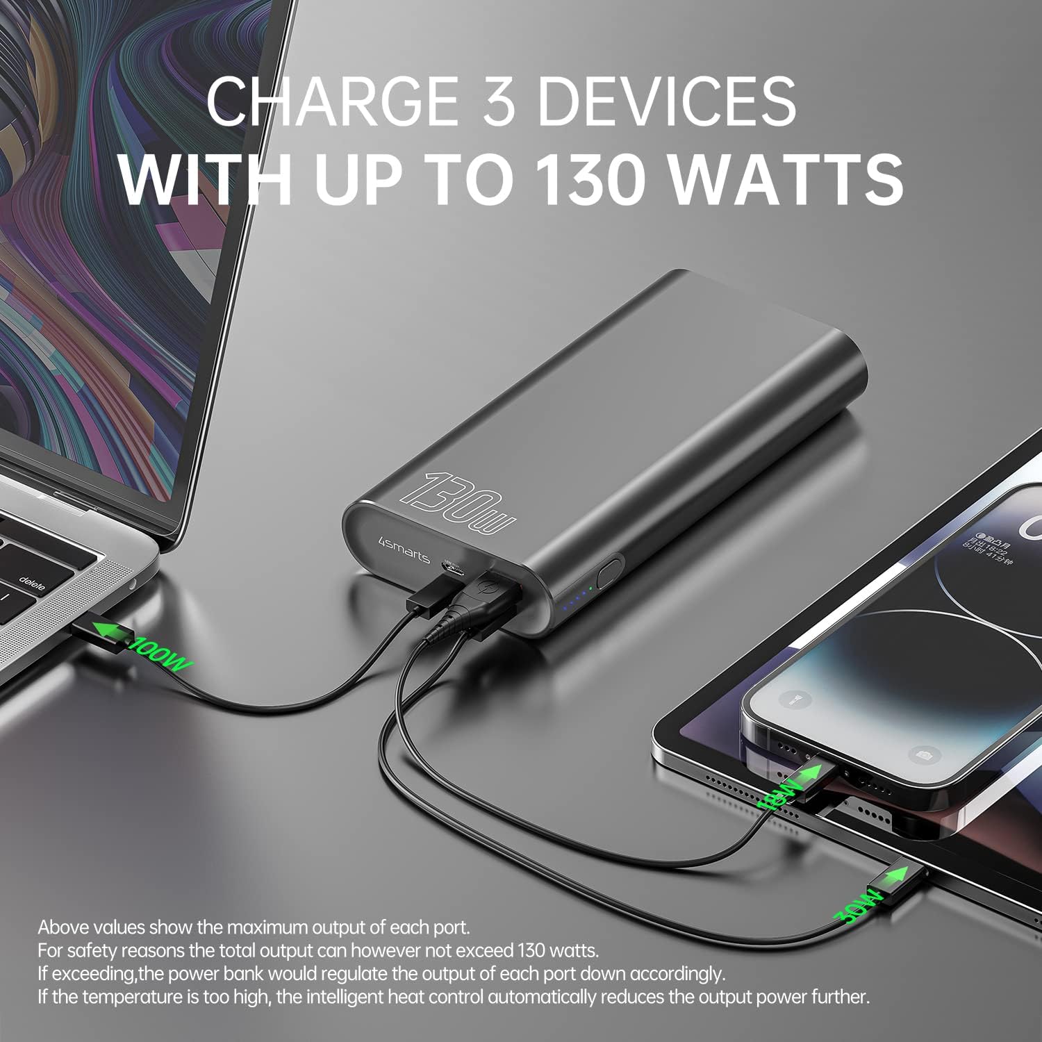 Power bank simultaneously charging a laptop and a tablet