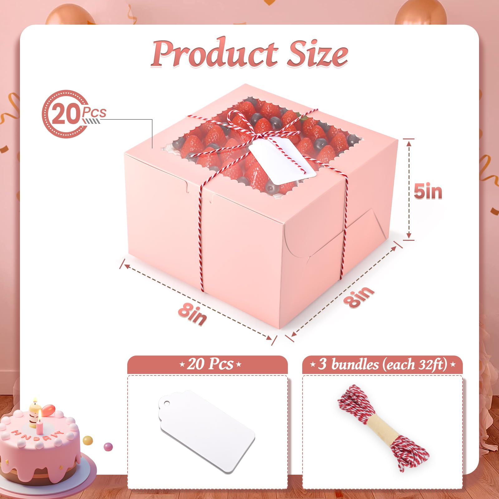 Kuchenboxen Mit Fenster 20,3 Cm – 3 Stück Inkl. Platten, Für Hochzeit, Geburtstag, Bäckerei