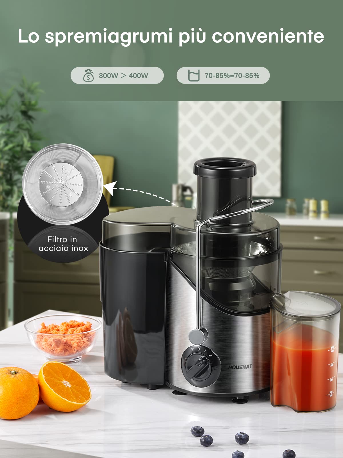 Centrifuga Frutta e Verdura HOUSNAT, 400W Estrattore Frutta e Verdura con 3 Velocità, 65 MM Bocca Grande Scivolo di Alimentazione da, Base Anti-Scivolo, Facile Pulizia, Includi Spazzola, Senza BPA