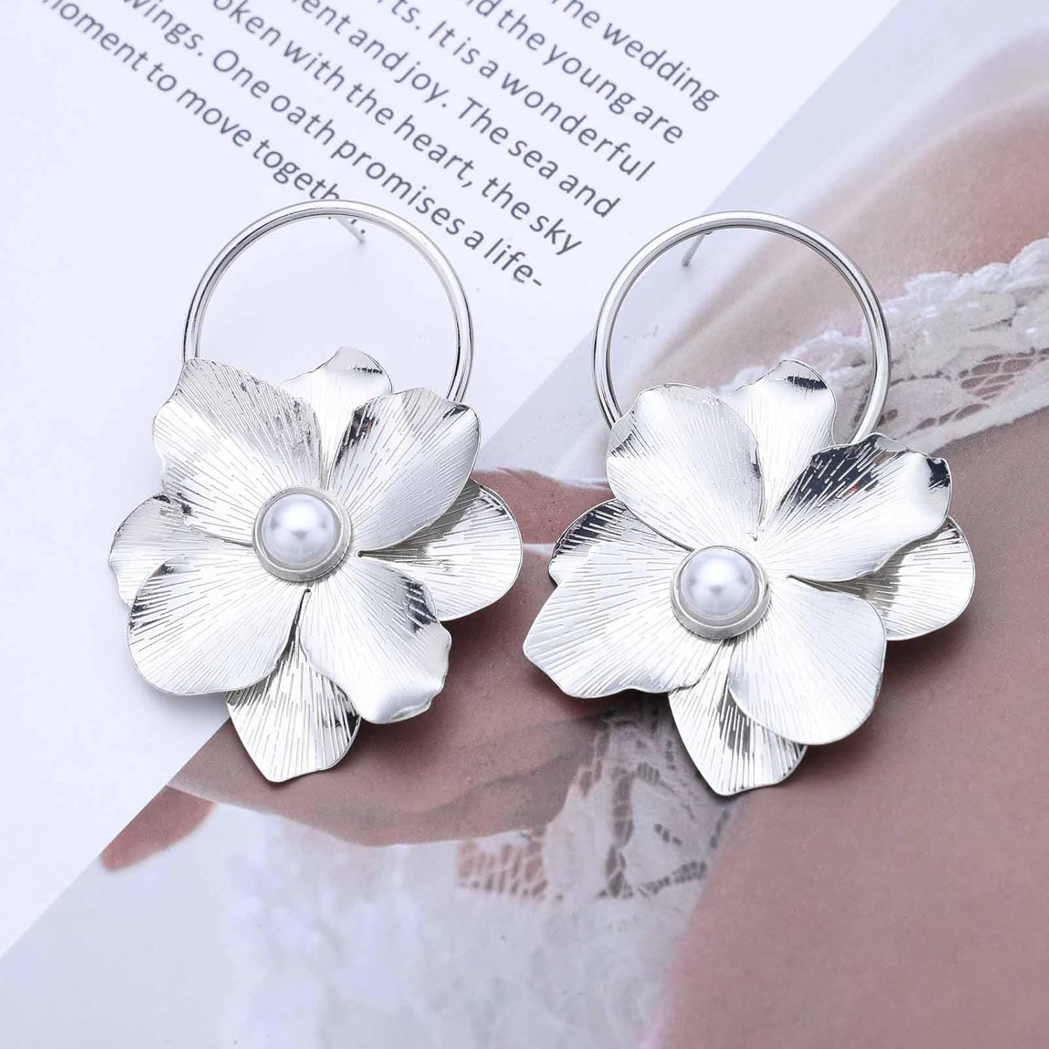 Boho Pearl Flower Dangle Earrings Gold Floral Drop Earrings Camellia Flower Earrings Hollow Circle Stud Earrings Exaggerated Floral Earrings Jewelry for Women - Image 5