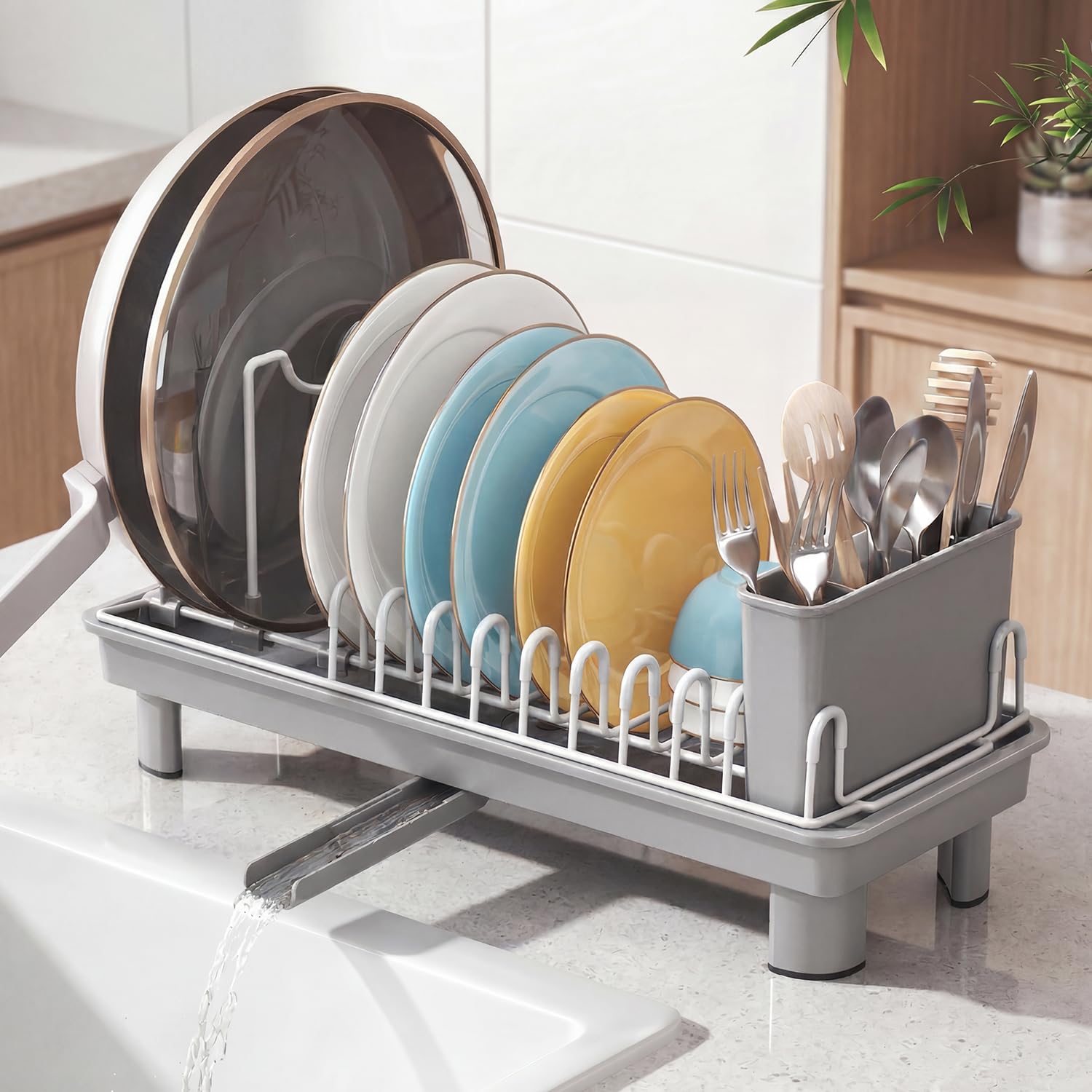 Nfnoyp Small Dish Drainer Rack, Carbon Steel Dish Rack Rustproof for Kitchen Counter, Compact Dish Drainer with Adjustable Slots for Small Kitchens & Apartments, 16.5×6.5×7inch, Grey