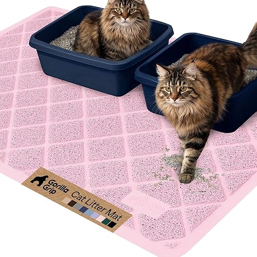 GORILLA GRIP Cat Litter Box Mat, 47x35, Cushioned Coil Mesh Litter Trapping Mats, Scatter Control Supplies for Less Mess, Phthalate Free, Ultra Deep Catch Grooves, Rinse or Vacuum to Clean, Light Pink