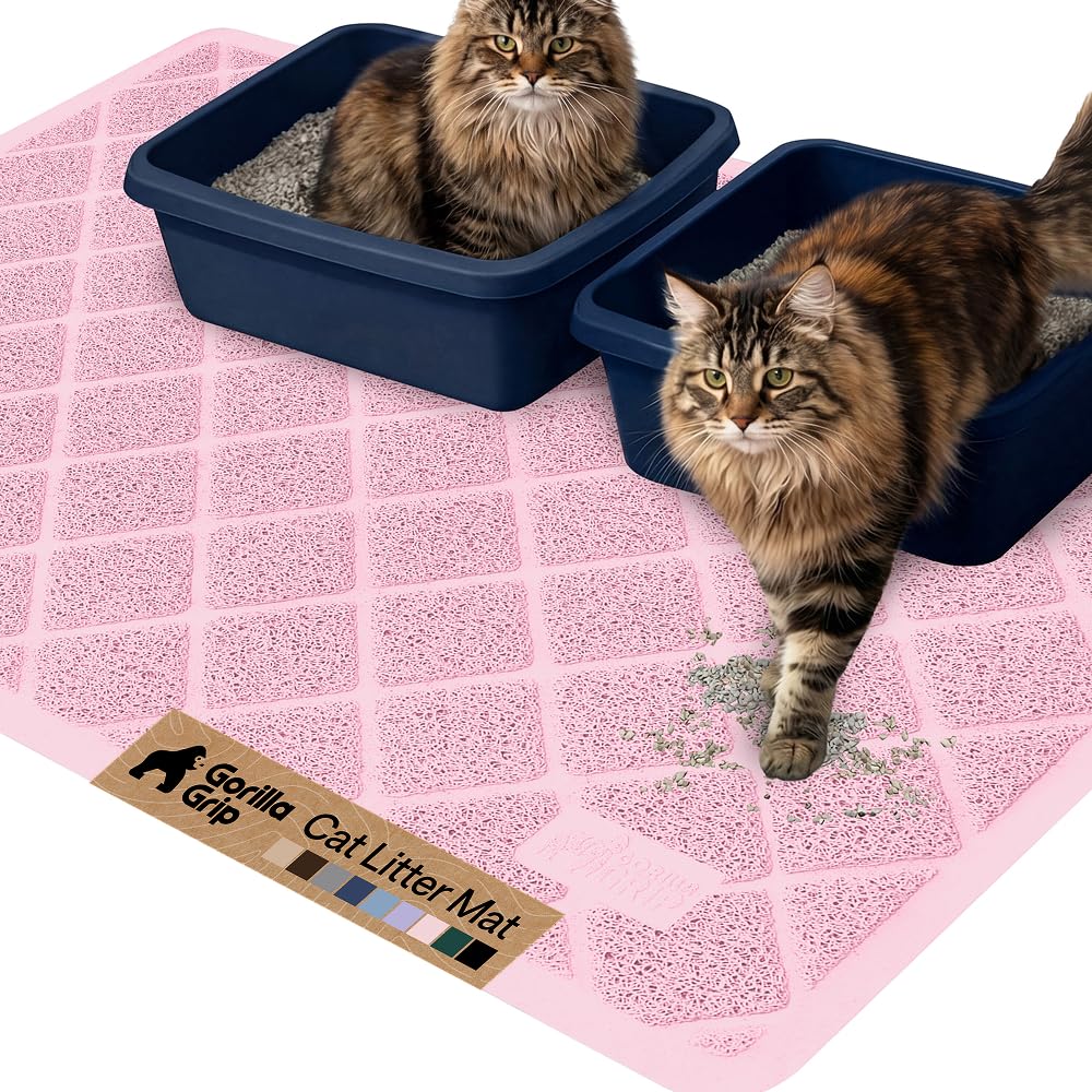 GORILLA GRIP Cat Litter Box Mat, 47x35, Water Resistant, US Designed Kitty Litter Trapping Mats, Easy to Clean, Scatter Control, Less Mess and Clean Floors, Kitten Supplies for Indoor Cats, Light Pink