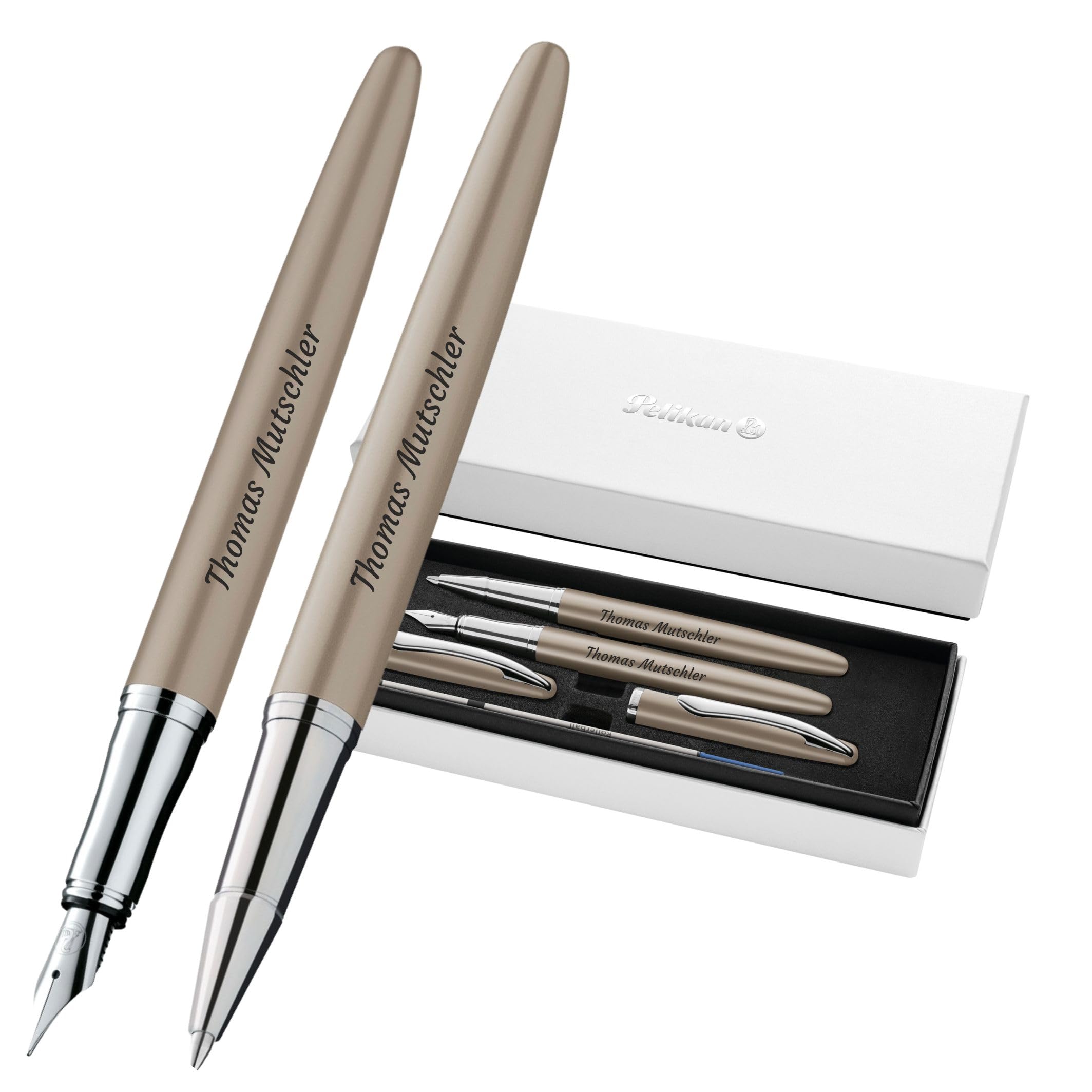 Pelikan Schreibset Jazz® Noble Elegance R/P36 Tintenroller und Füllhalter mit Gravur Geschenk - einzigartige Stifte mit Namen - personalisierte Geschenke (Taupe)