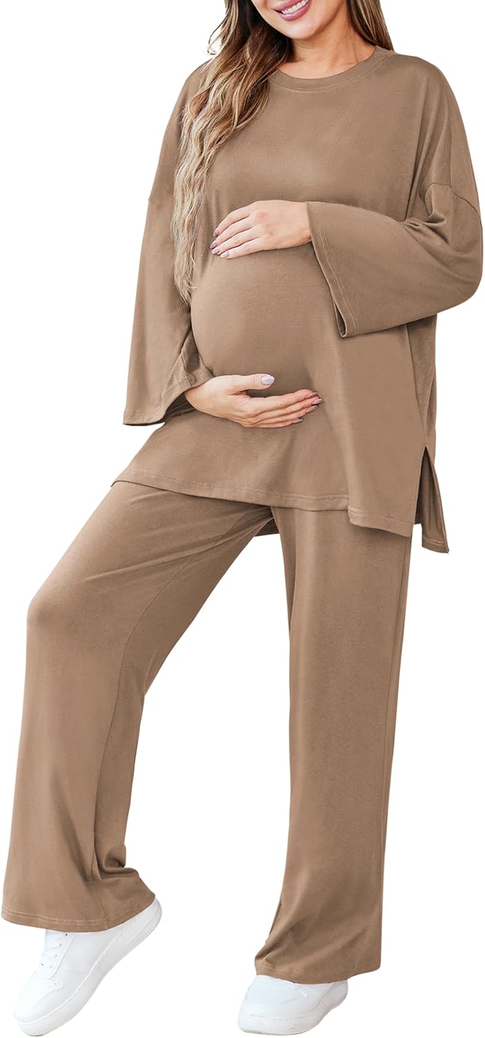 Womens Maternity Pajamas Sets 2 Piece Outfits Long Sleeve Tops and Pregnancy Loungewear Mama Clothes with Pockets