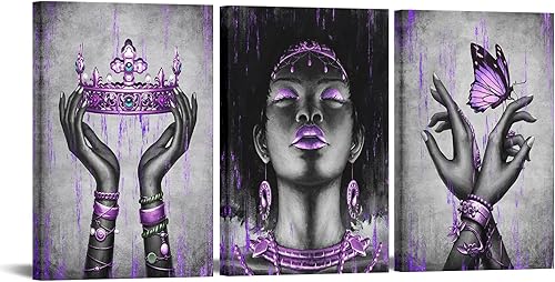 Miniatura 9 de Kalormore Pintura de mujer afroamericana a la moda, impresiones en lienzo Giclée, elegante chica negra con accesorios morados, póster de imagen,