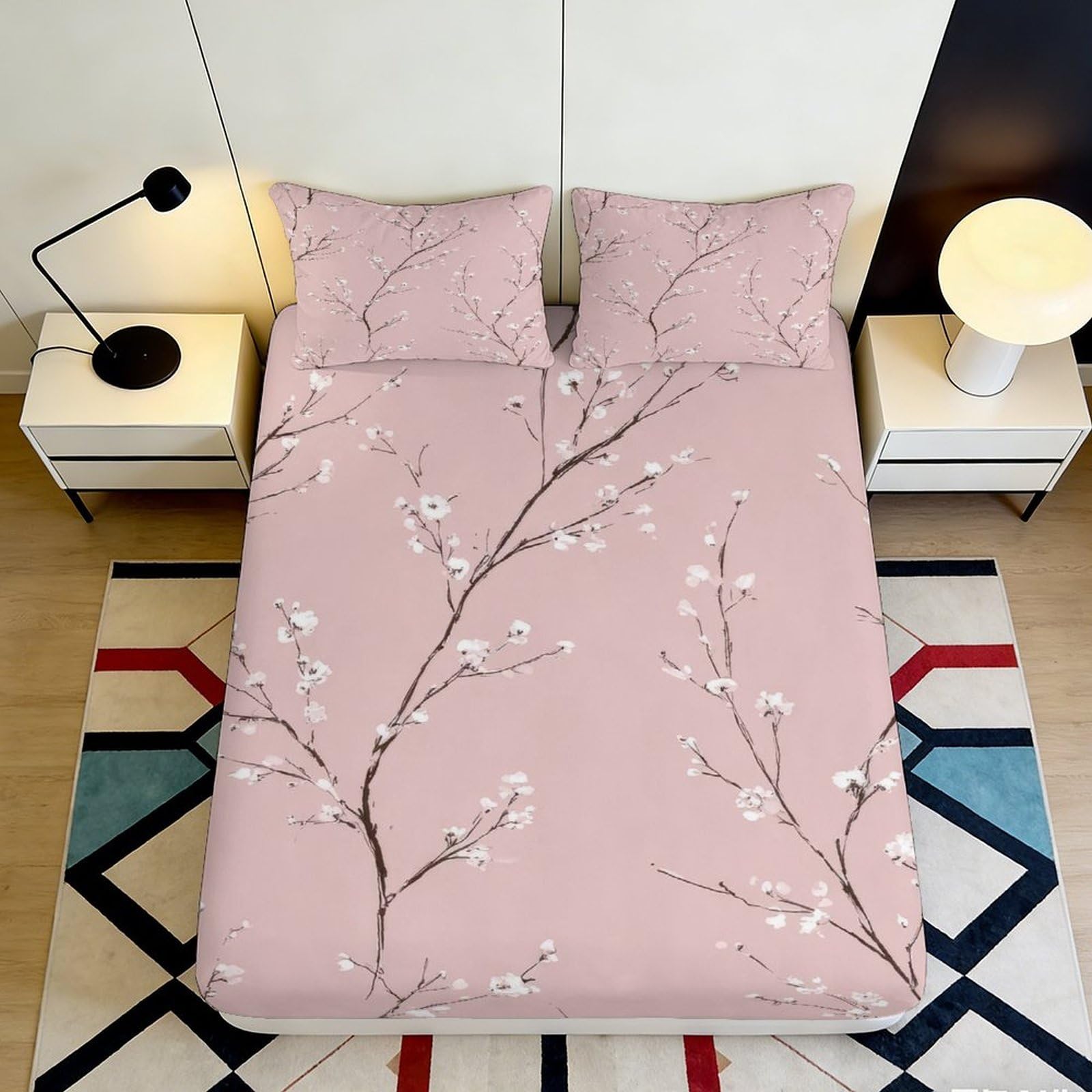 3D Printed Cherry Blossom Fitted Sheet Microfiber Soft Breathable Floral Branch Bed Cover for Bedroom Dormitory Guest Room Mattress Protection Decor 120x200x25cm