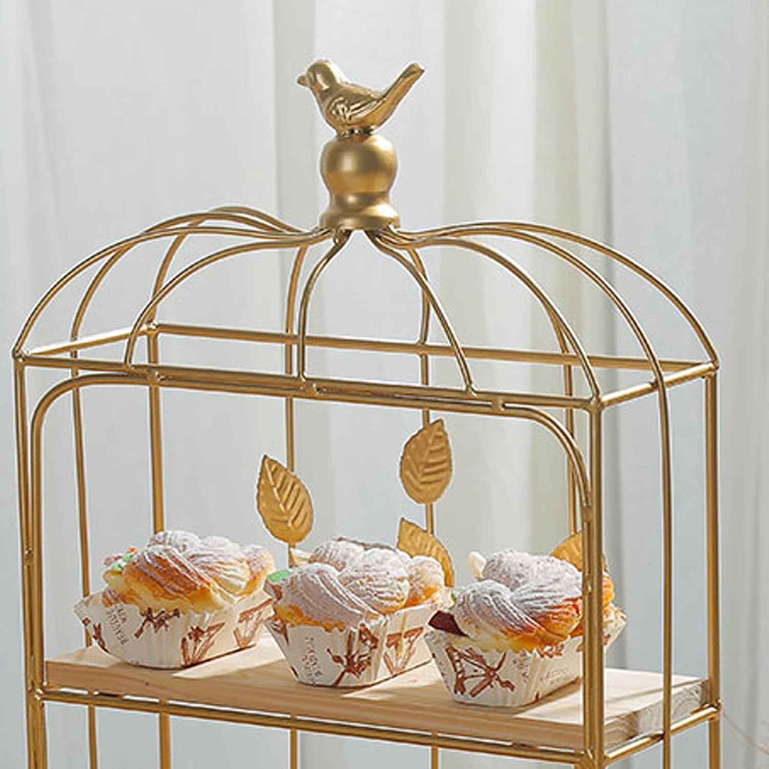 LUCBEI Dessert Stand 2-Tier Cake Stand with Cute Handles Metal Dessert Table with Wooden Tray Multi-Purpose Cupcake Display Stand Party Pastry Stand Cupcake Stand Serving Tray