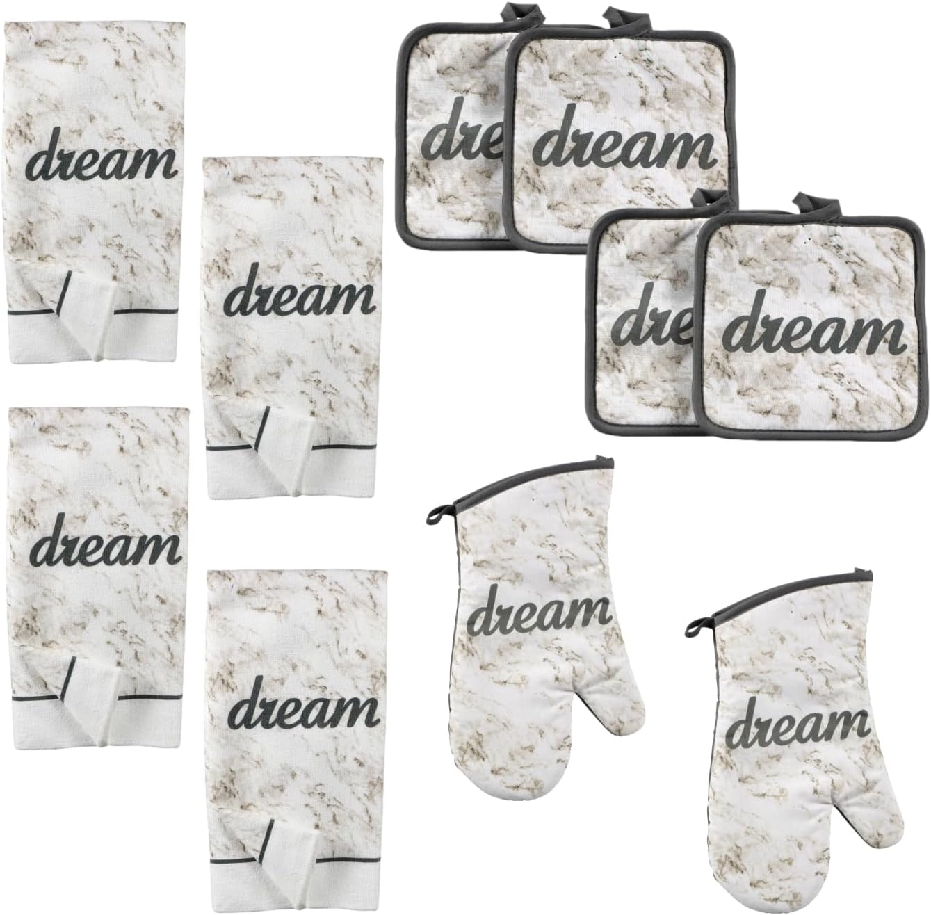 Charmed By Dragons Dream Kitchen Towel Set with Pot Holders and Oven Mitts Kitchen Linnen Set Modern Farmhouse Decor 10 Piece Set, Whte, Gray