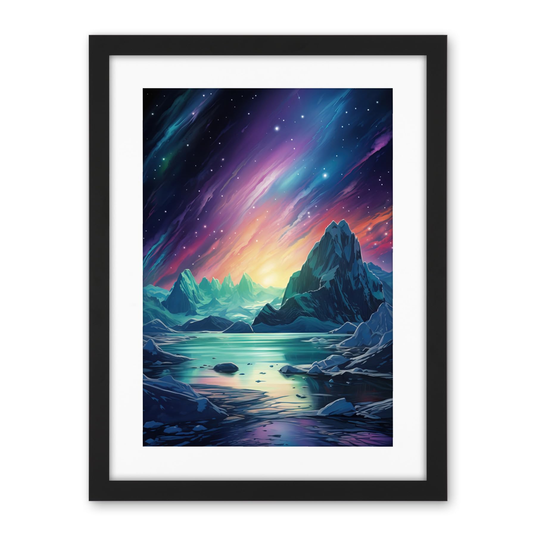 Artery8 Purple Aurora Borealis Dawn in Antarctica Oil Painting Blue Green Enchanting Arctic Ice Fantasy Landscape Artwork Framed Wall Art Print 18X24 Inch