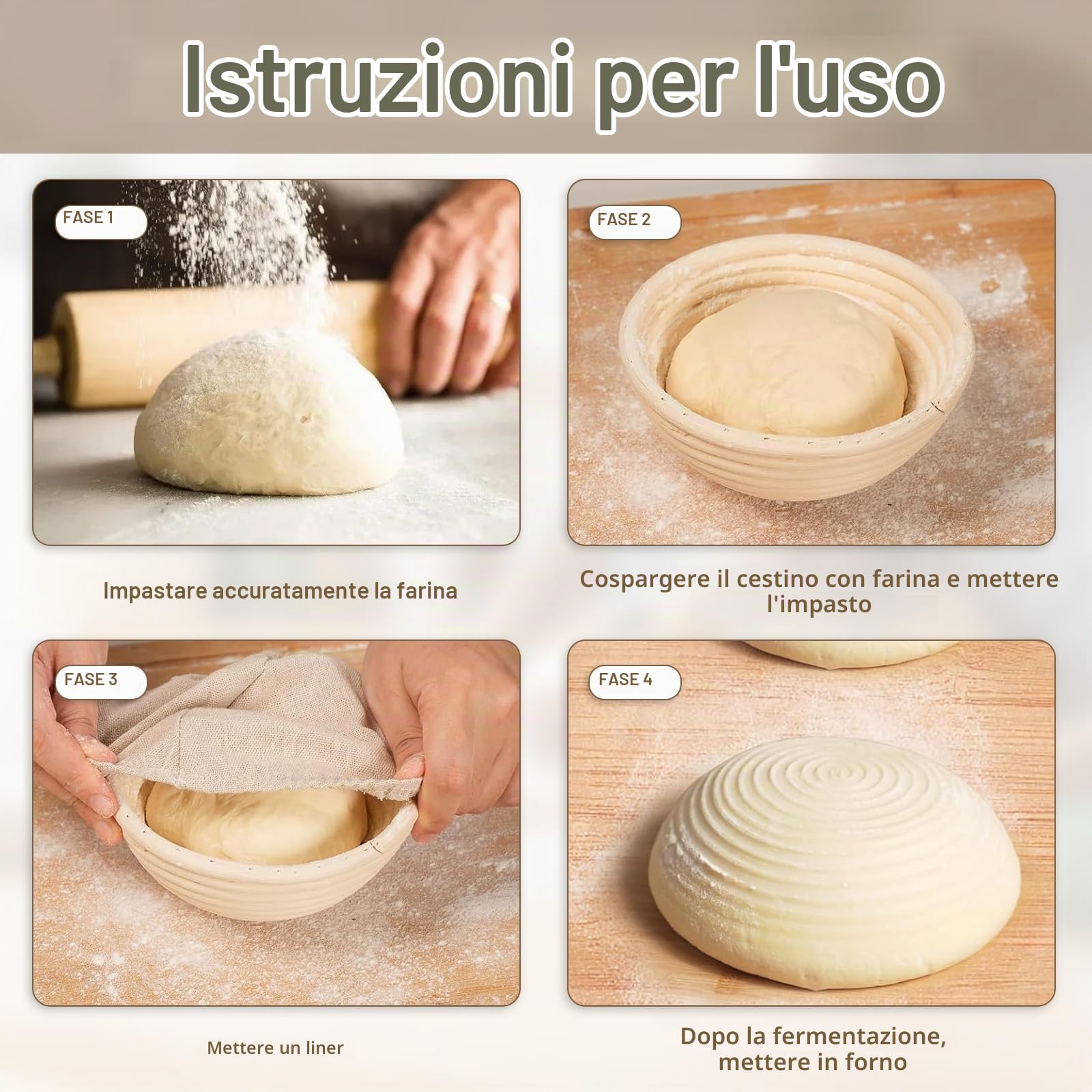 Banneton - Cestini per lievitazione del pane, 6 pezzi, piccoli cestini per lievitazione con rattan naturale, per panettieri professionali e casalinghi