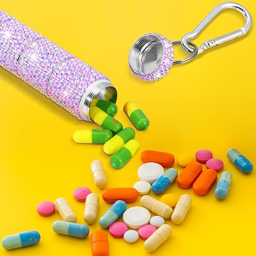 Miniatura 5 de Tioncy Pastillero portátil con diamantes de imitación para llavero, pequeño con purpurina, impermeable, con brillantina, de aluminio, reutilizable,
