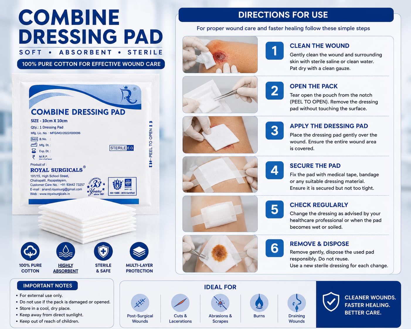 10cm x 10cm Sterile Dressing Pads (50 Pack) - Non-Adherent, High Absorbency, Wound Protection for Home, Clinic & Hospital — Amazon image 8