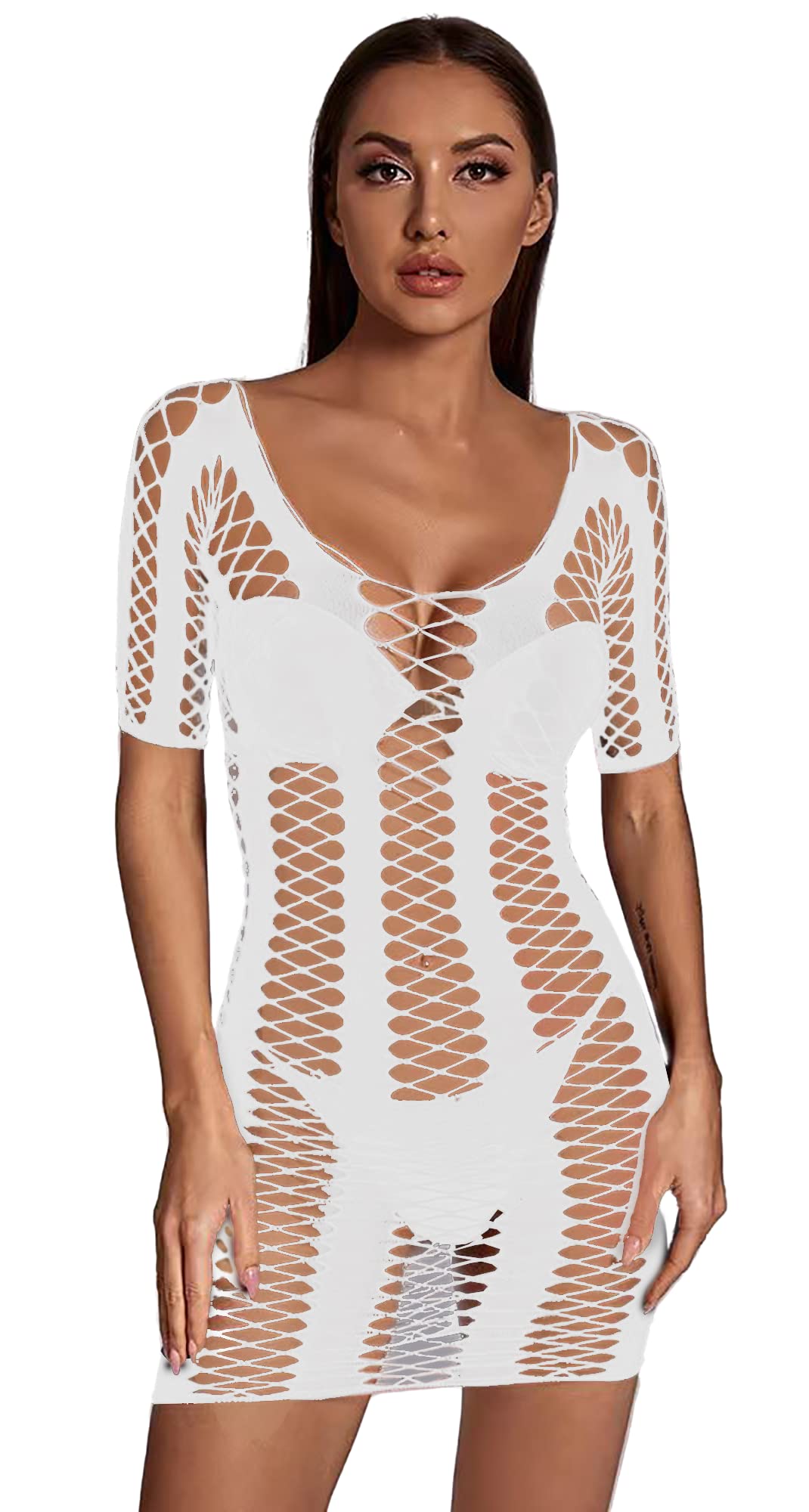 Sniff Rose Women's Lingerie Babydoll Lace Fishnet Bodystocking Mini Dress Bodysuit Mesh Hole Chemise Sleepwear Sets with Net Gloves (White)