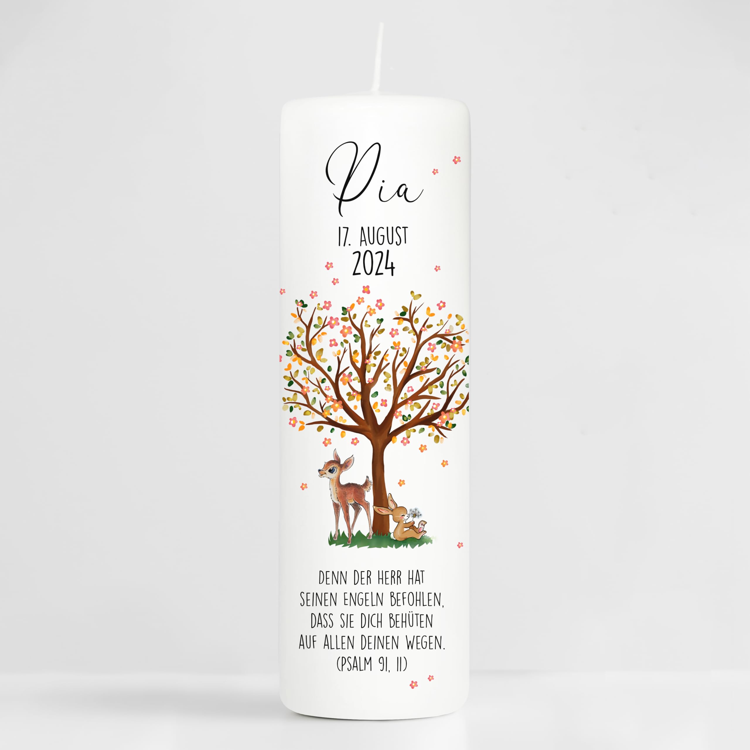 Wandtattoo Loft Taufkerze Mädchen oder Junge mit Taufspruch, Motiv mit Baum, Reh und Hase, 25cm x 8cm, personalisierte Kerze, bedruckte Kerze zur Taufe, Stumpenkerze, individuelles Taufgeschenk