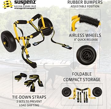 Suspenz Stowable Kayak Carrier Cart, SK Trailer Cart with Airless Wheels and Straps, Yellow, (22-1166)