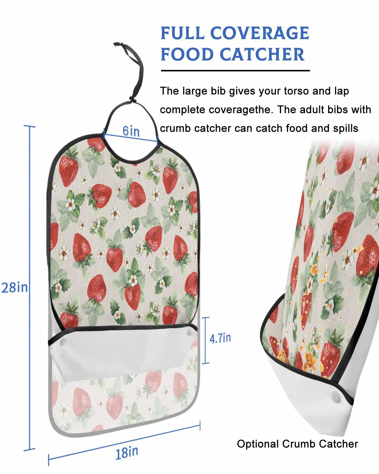 LEOKOTI Strawberry Adult Bibs for Eating, Waterproof Bibs with Food Catcher & Adjustable Snap Closure, Spring Floral Summer Botanical Green Rustic Washable Clothing Protectors Adult Bibs for Elderly