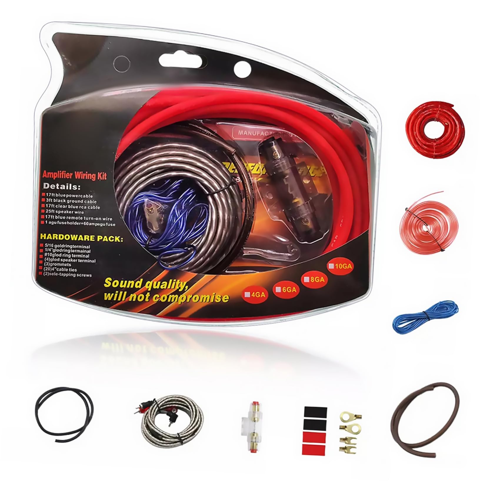 UKCOCO Kit de Câblage Solution Complète Amplificateur de Voiture pour 4 Gauge, Connecteurs RCA, Porte-fusible pour Système Audio Auto