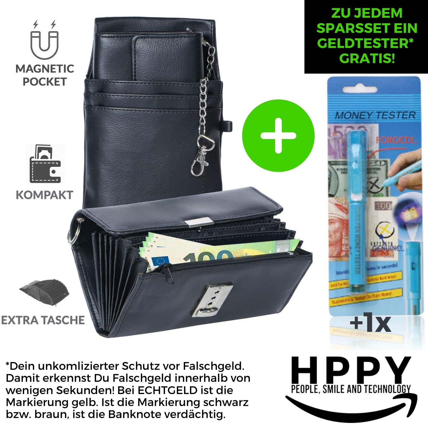 HPPY Aktion Sparset 3X Kellnerportemonnaie – robuste Kellnerbörse mit Holster, Kette & Geldtester – Kellnertasche für Gastronomie & Taxi, Farbe: Schwarz
