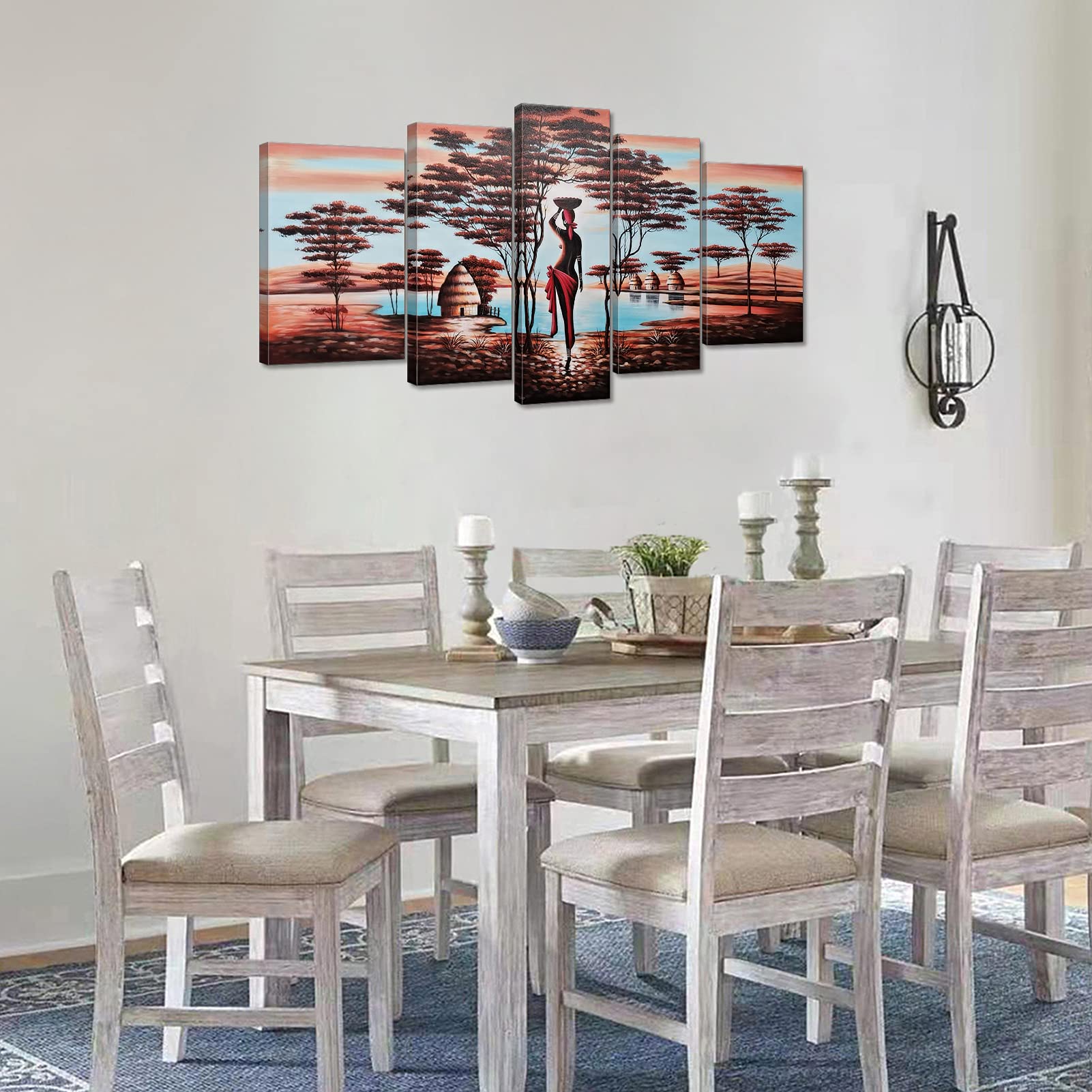 Unixtyle Art 100% Hand-painted Wood Framed Wall Art African Tribe House Beauty Home Decoration Abstract Landscape Oil Painting on Canvas 5pcs/set