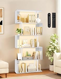 6 Tier S-Shaped Geometric Bookcase with LED Light, Touch & Remote Control, Wide Tall Freestanding Display Shelf, Industrial Storage Cabinet for Living Room, Bedroom, Office(White)
