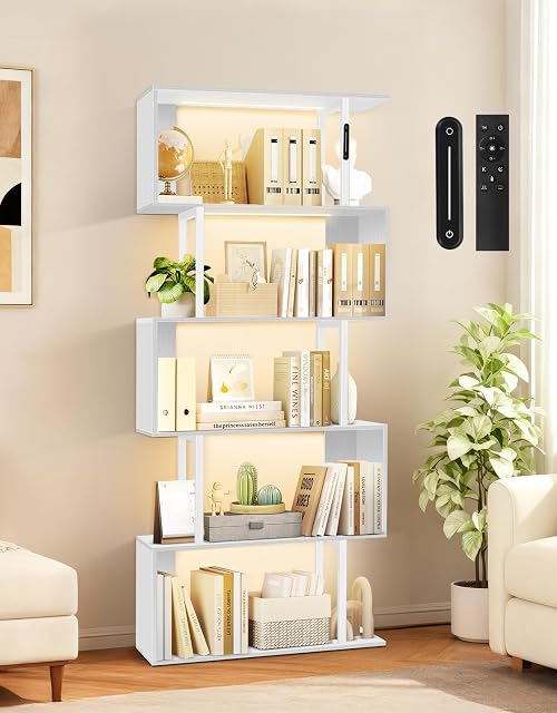 6 Bibliothèque géométrique en forme de S avec LED Lumière, toucher & Télécommande, grand plateau d'affichage autonome, armoire de rangement industrielle pour salon, chambre, bureau(blanc)