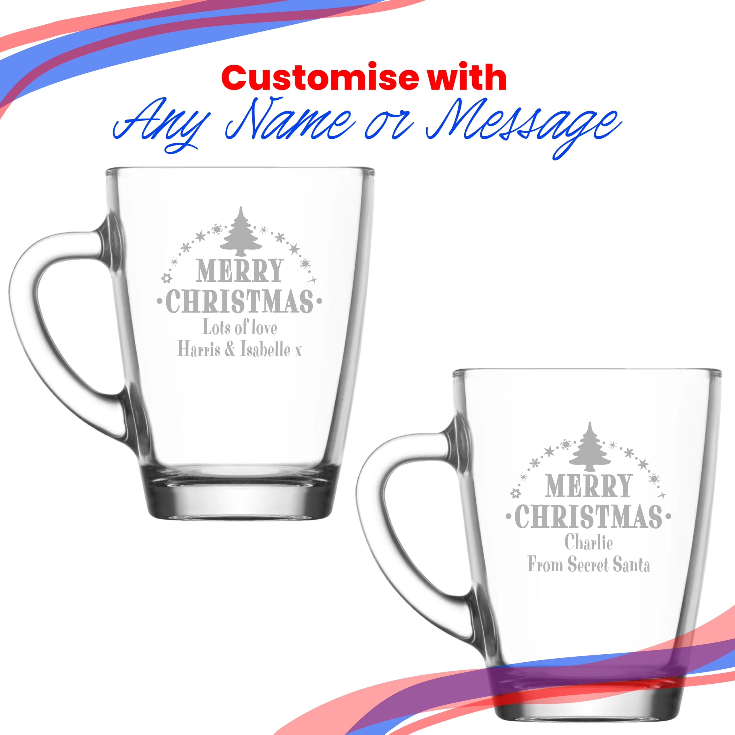Tasse à café en verre pour boissons chaudes avec motif arbre de Noël, personnalisable avec n'importe quel nom ou message, boîte cadeau incluse, gravure au laser