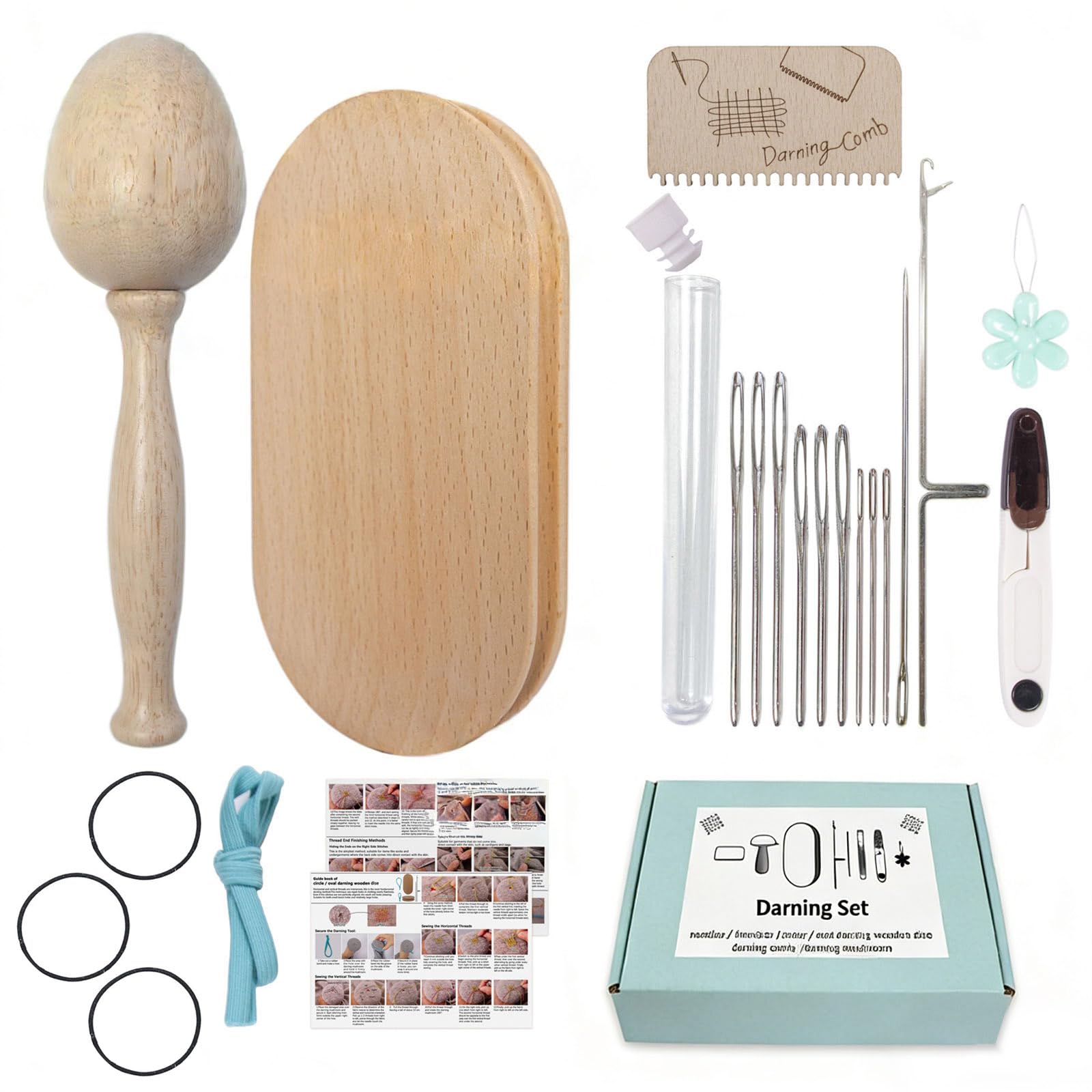 Buxuaaaa Eggshape Multifunctional Sewing Mending Tool With Elliptical Wood Darning Tool And Big Eye Needle For Sweaters Scarves Mending Large Area Mender