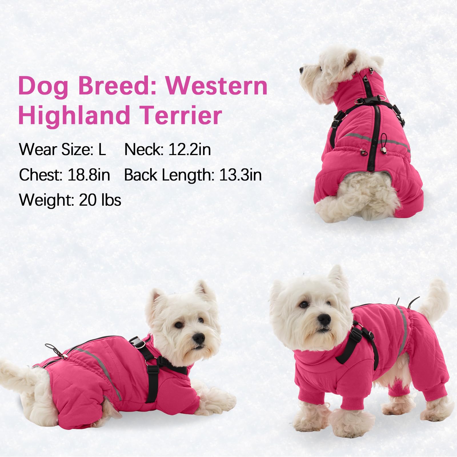 BRKURLEG Chaqueta de invierno para perros con arnés integrado, chaqueta de invierno para perros pequeños y medianos traje de nieve reflectante cortavientos para clima frío, abrigos de forro