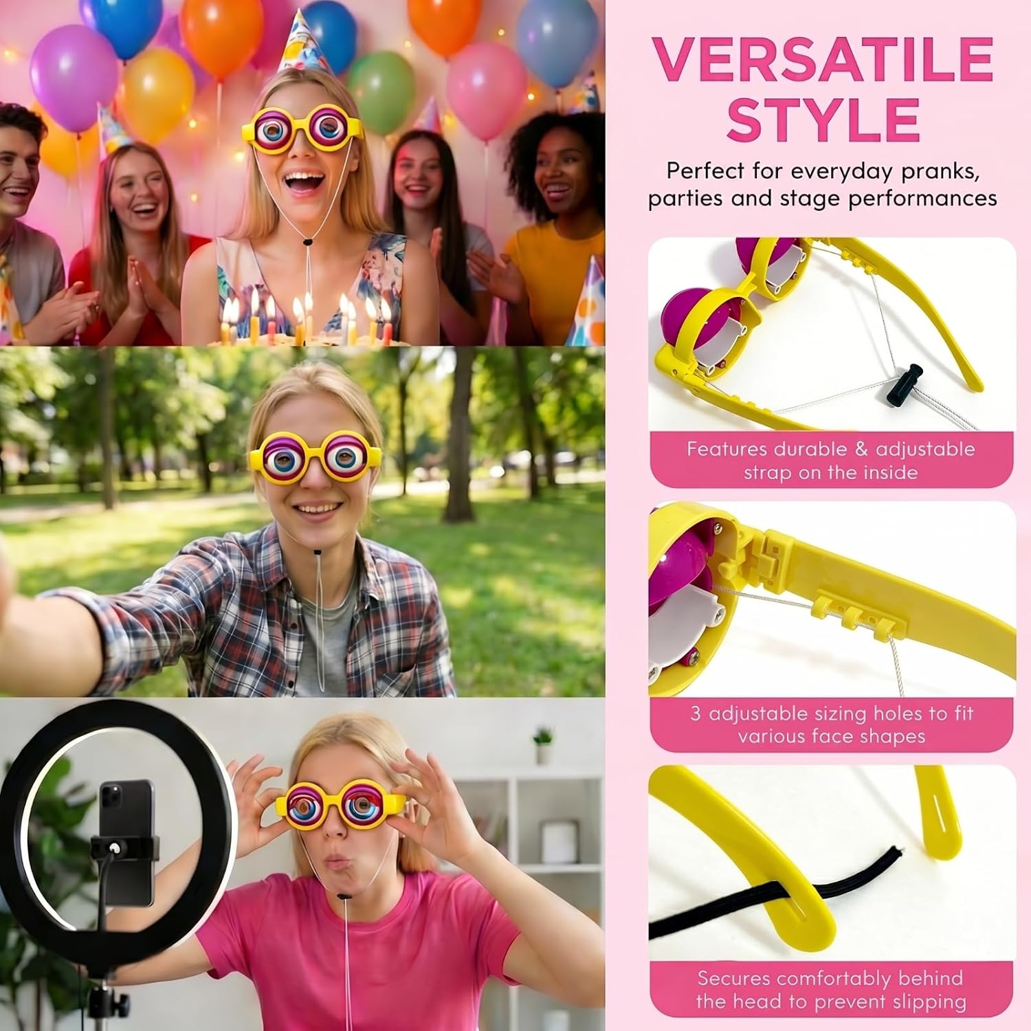 Plman 2PCS Crazy Eyes Glasses, Funny Prop Glasses, Blinking Eye Glasses Party Photo Props for Show, Crazy Eye Glasses Fit Novelty Gag Gifts for Adults(Pink)