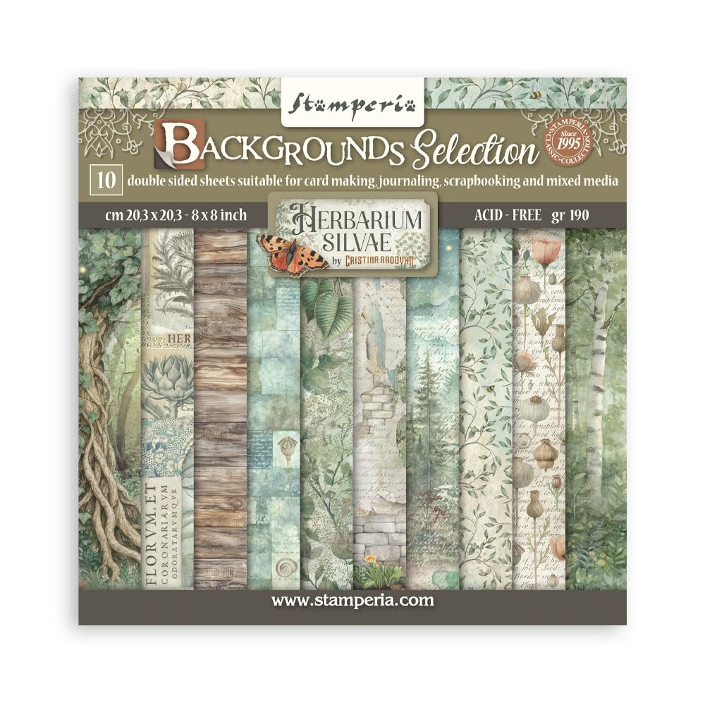 Stamperia - Scrapbook Paper Pad for Scrapbooks, Albums, Cards, Bullet Journals and More, Acid Free, Double-Sided, Perfect for Crafts and Gifting (Herbarium Silvae Background Selection) (20.3 x 20.3cm)