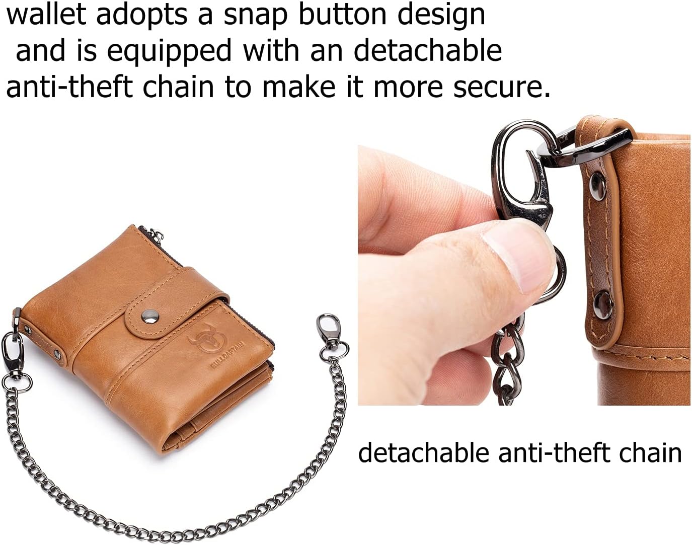 BULLCAPTAIN Genuine Leather Men Wallet with Anti Theft Chain Bifold RFID Blocking Wallets for Men Double Zipper Coin Purse with ID Window (Yellowish brown)