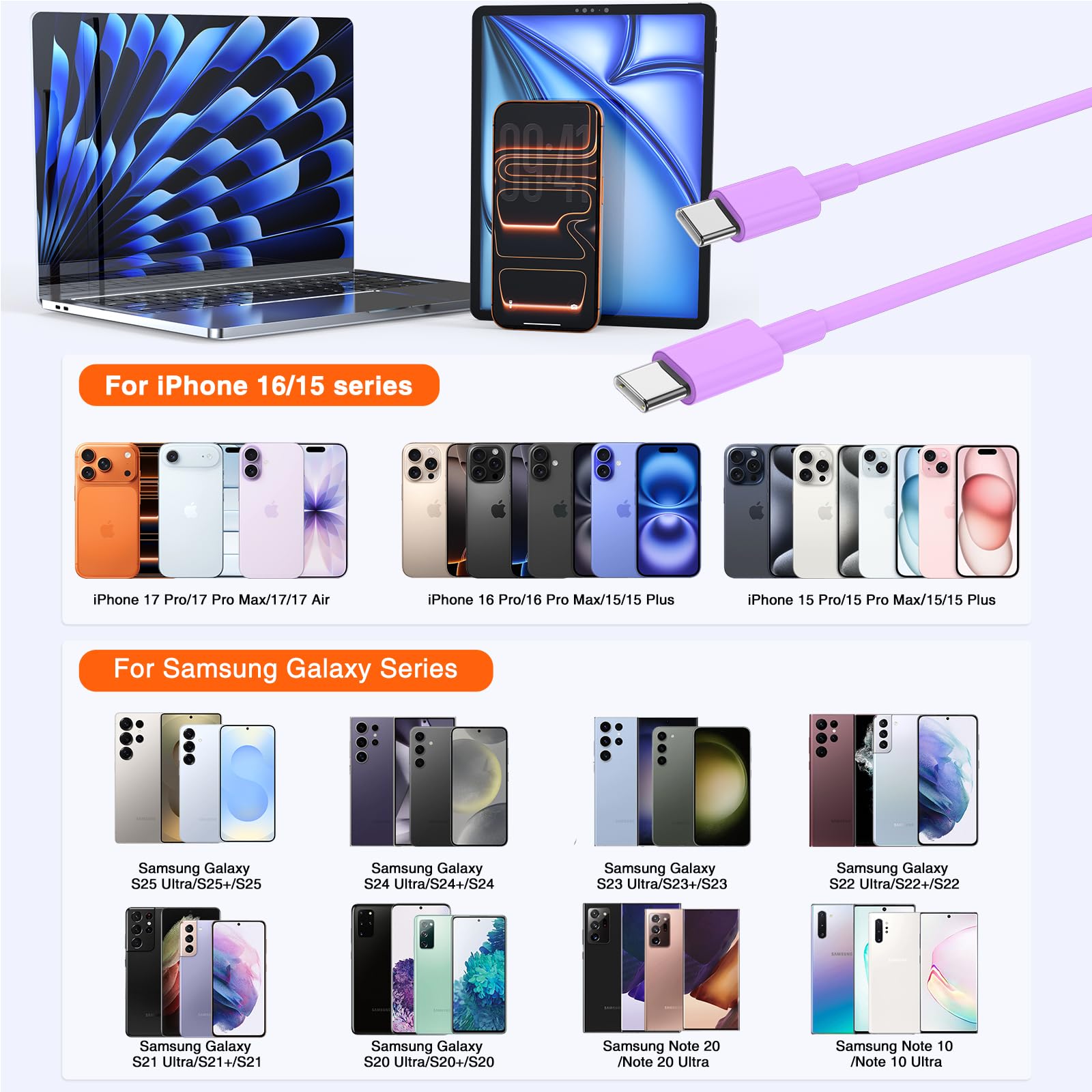 Confezione da 2 cavi USB C a C, 60 W, da tipo C a tipo C, cavo di ricarica rapida per iPhone 17, 16, 15 Pro, Pro Max, Plus, iPad Pro, MacBook Air 13", iPad Pro, Air, per Samsung Galaxy S25 e altri